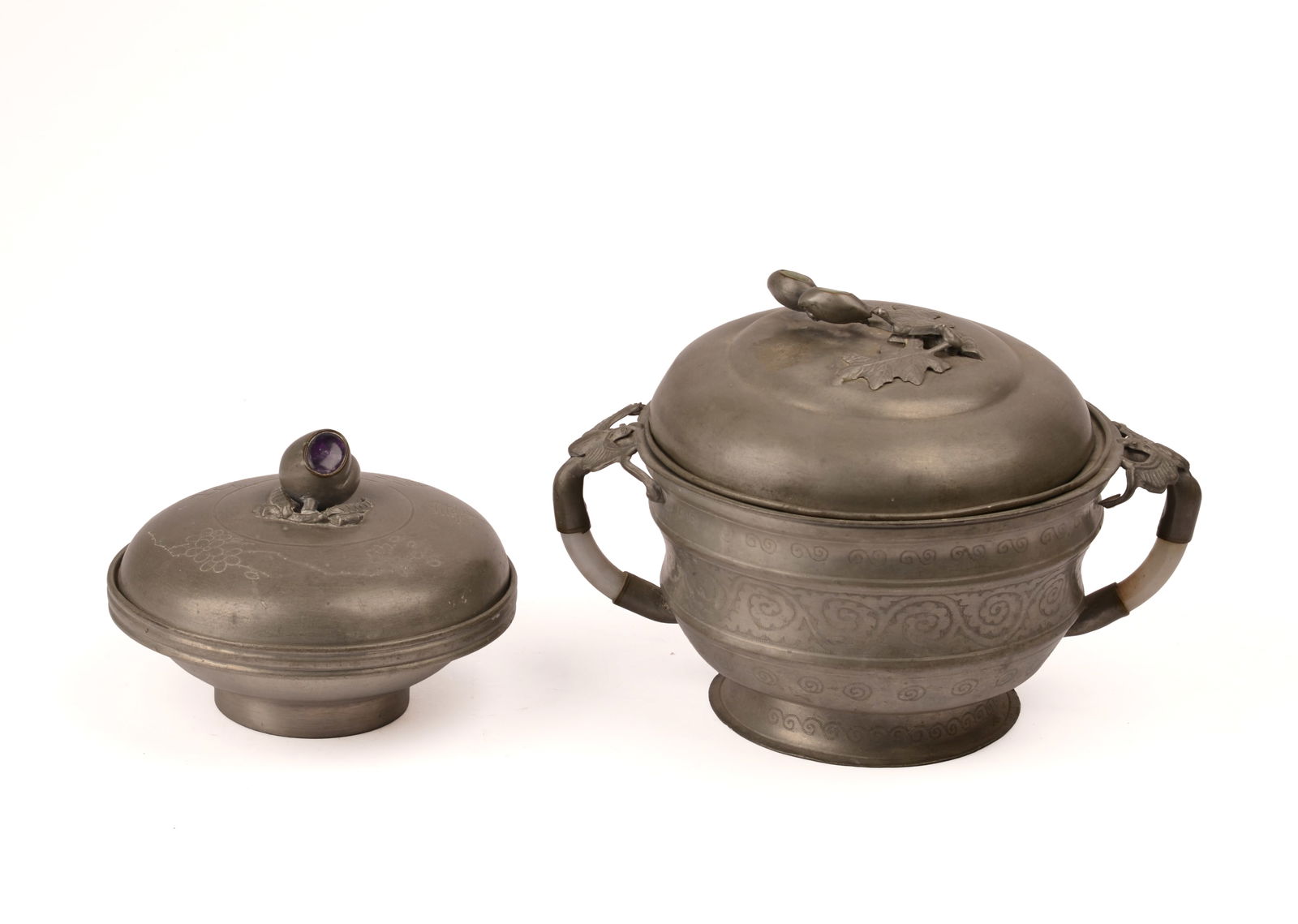 TWO CHINESE PEWTER AND HARDSTONE COVERED BOWLS (1 of 5)