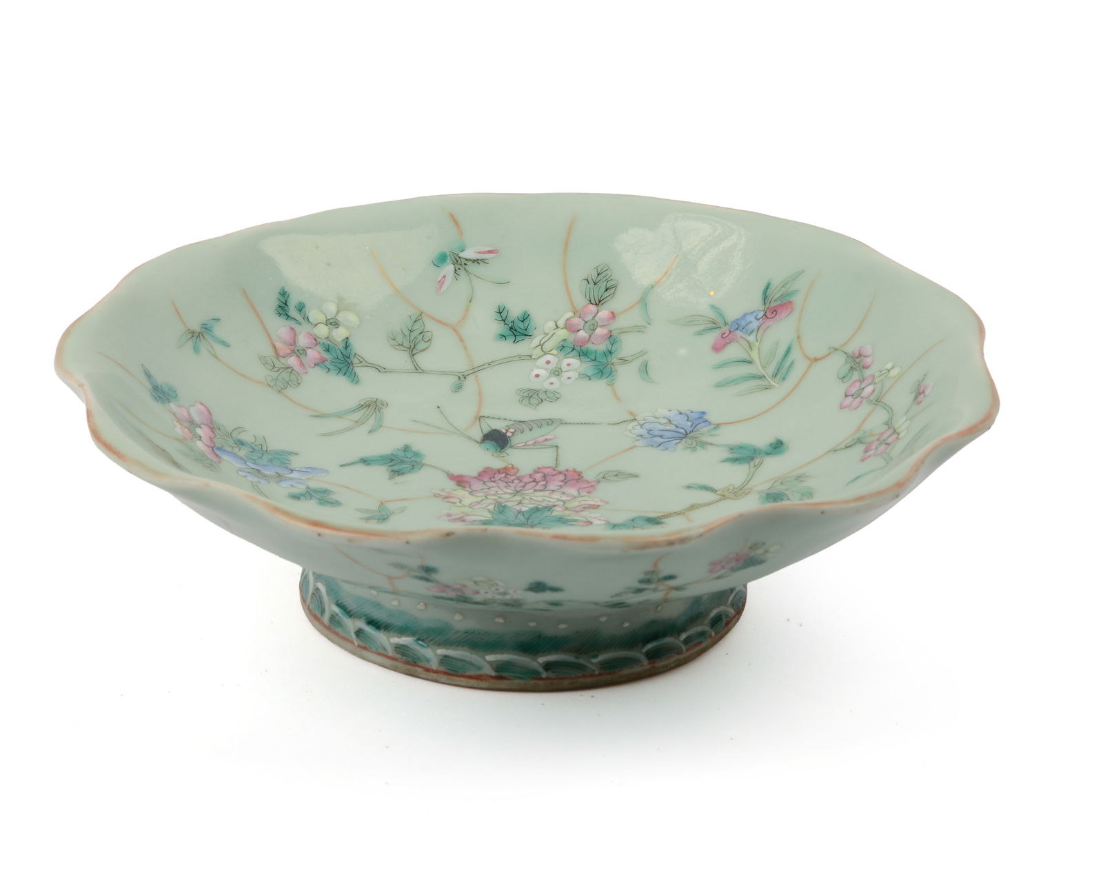 CHINESE FAMILLE ROSE CELADON GROUND FOOTED PORCELAIN LOTUS BOWL (1 of 5)