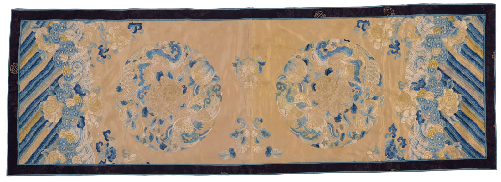 CHINESE EMBROIDERED SILK PANEL: 2 roundels depicting butterflies and flowers, 19th century, 44 x 15 inches.