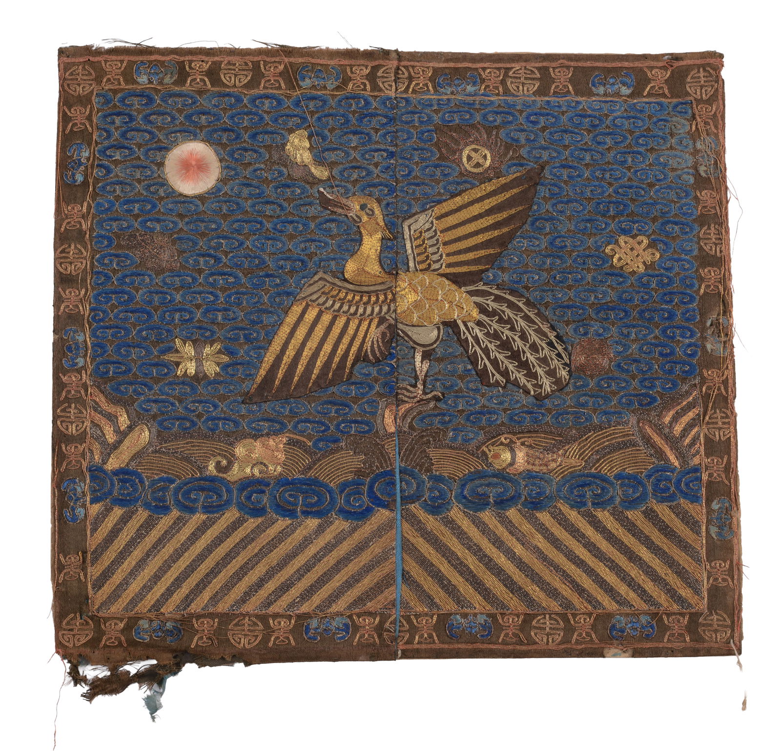 CHINESE EMBROIDERED SILK CIVIL RANK BADGE: Metallic thread, 19th century, 11.5 x 13 inches. Laid down on backing.