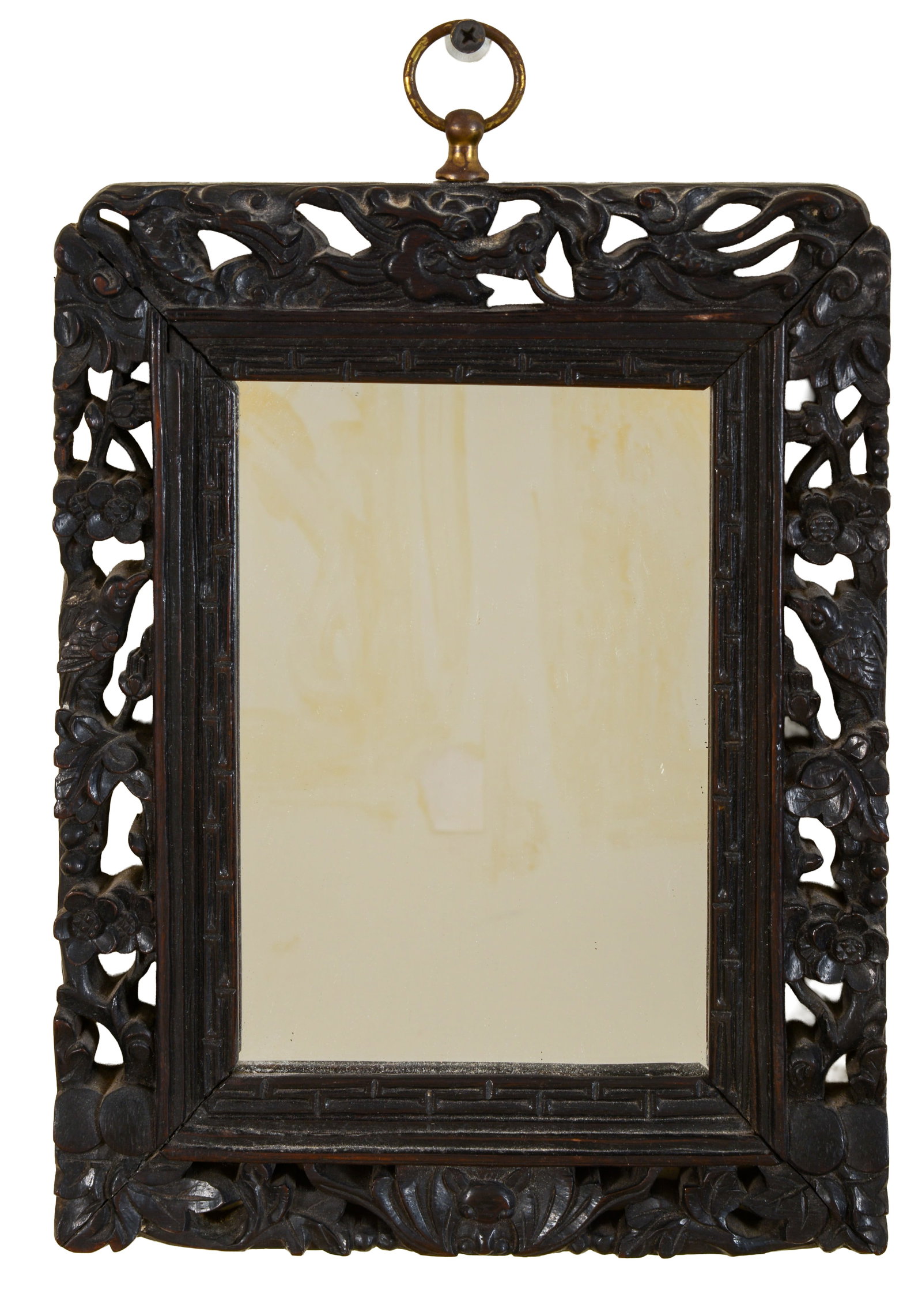 CHINESE CARVED TEAKWOOD MIRROR.: Overall 9.75 x 7.5 inches. Very good condition. Provenance: Shreve, Crump & Low, Boston.