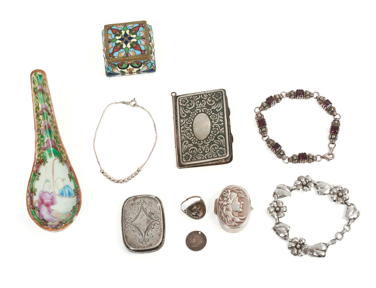 GROUP OF STERLING SILVER ITEMS AND AN ENAMEL BOX.: Including two pill boxes, lengths 1.25 and 1.75 inches, 3 bracelets, and a 1953 Fick Almanac. Together with a Chinese rose medallion soup spoon, small chip.