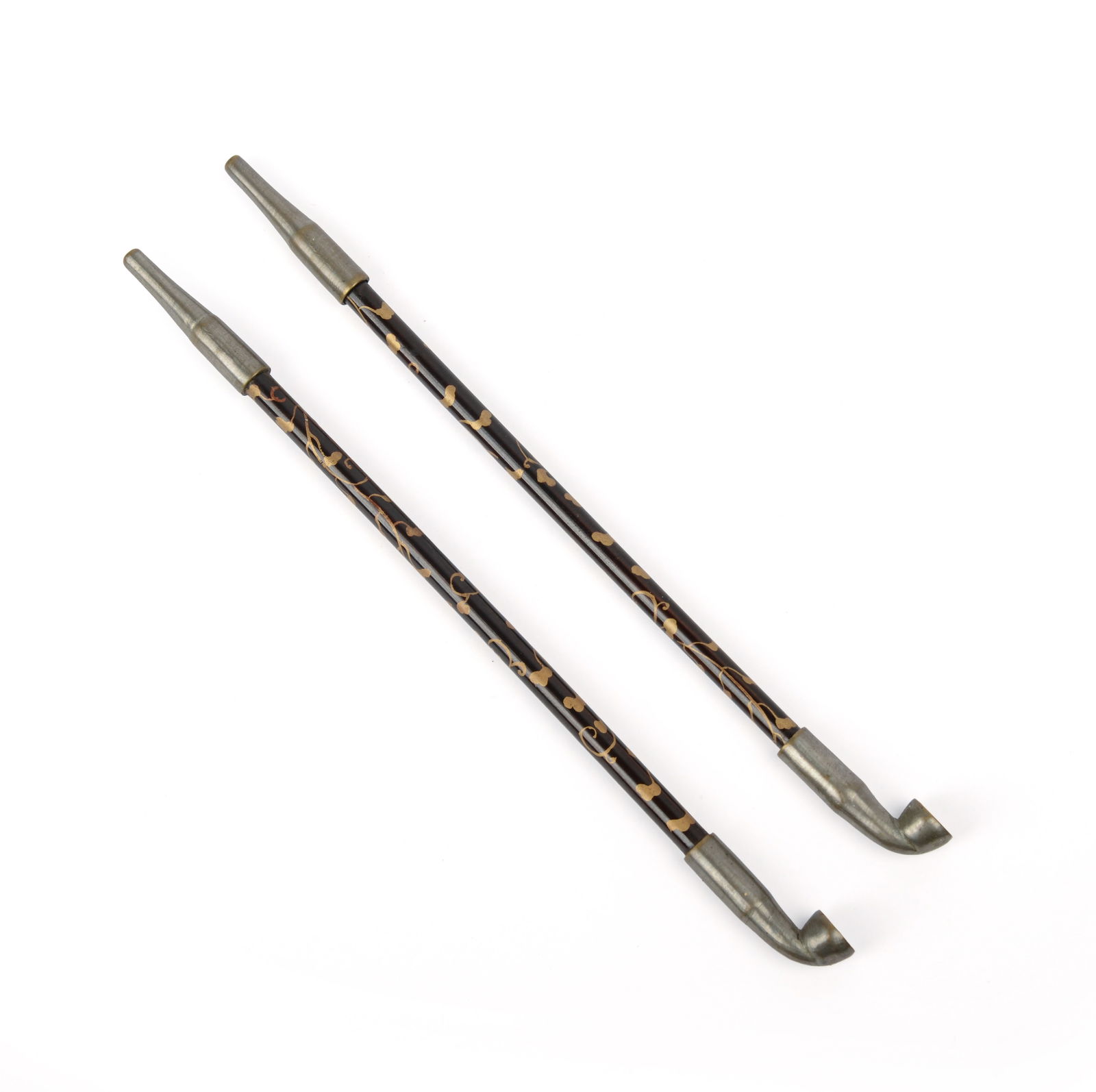 TWO SMALL JAPANESE GILT DECORATED BLACK LACQUER PIPES (1 of 3)