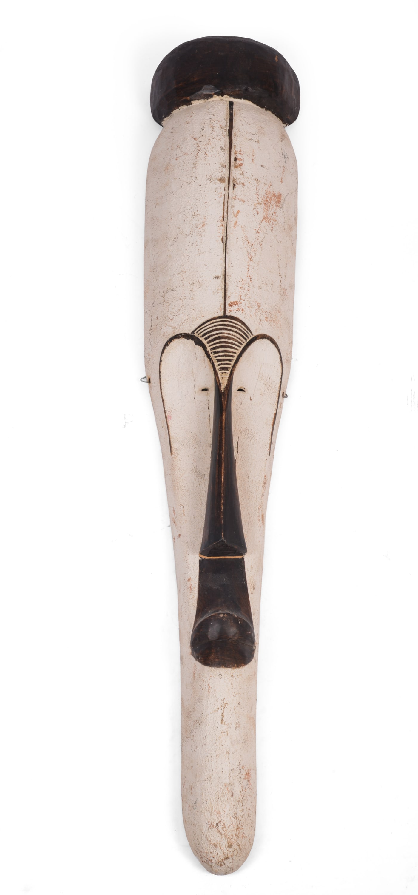LARGE AFRICAN CARVED MASK.: Height 42 inches, width 8 inches. Some minor paint loss.