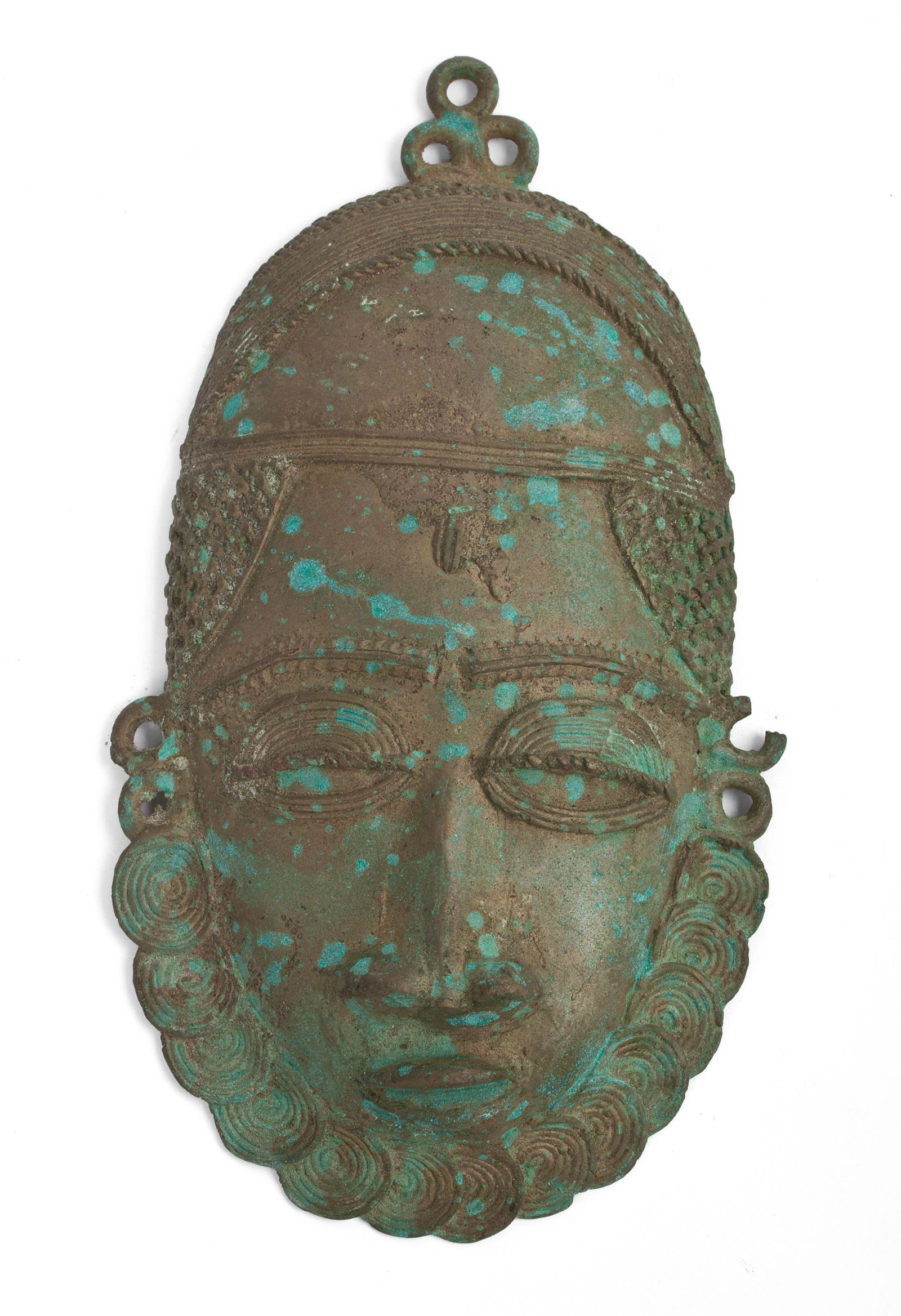 SMALL AFRICAN BRONZE MASK. (1 of 2)