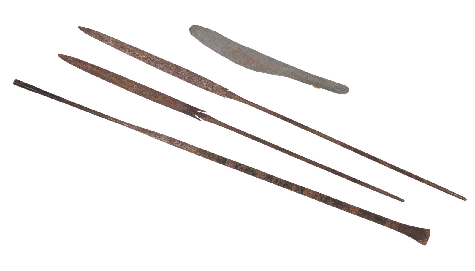 THREE AFRICAN SPEAR HEADS. (1 of 3)