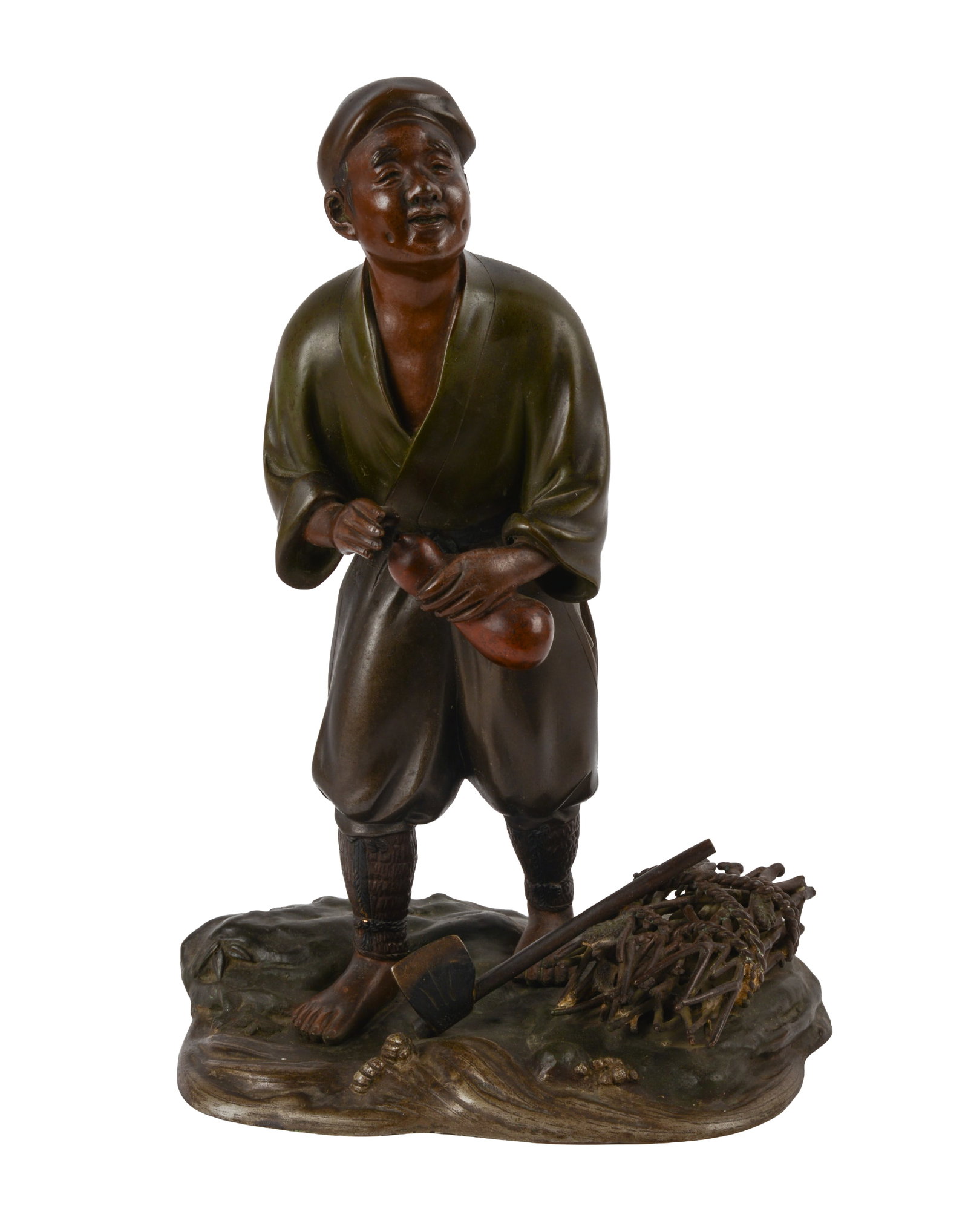 JAPANESE MEIJI BRONZE OKIMONO.: Bronze sculpture depicting a woodcutter at river’s edge holding a filled double gourd water bottle, signed Miyuki (?) on the back of his right leg, bronze with multicolor patinas. Height 12.5 inches