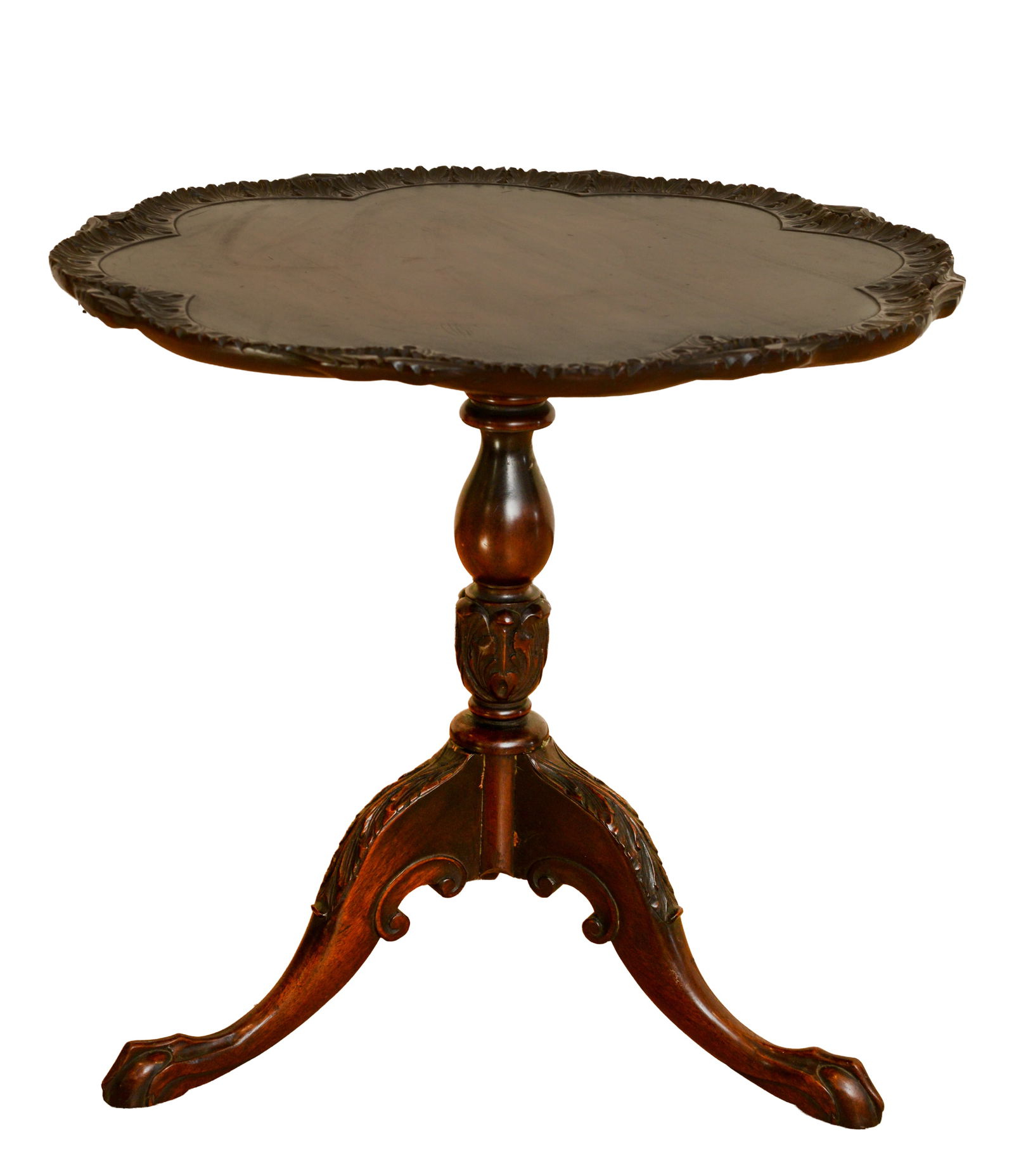 19TH ENGLISH MAHOGANY CHIPPENDALE TILT TOP TABLE.: Height 29 inches, diameter of top 30 1/2 inches.