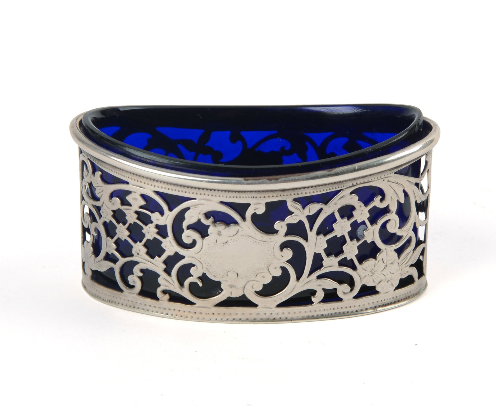 S BLANCKENSEE & SON LTD STERLING SILVER SALT.: With cobalt blue glass insert, length 2.75 inches, .95 troy ounces.