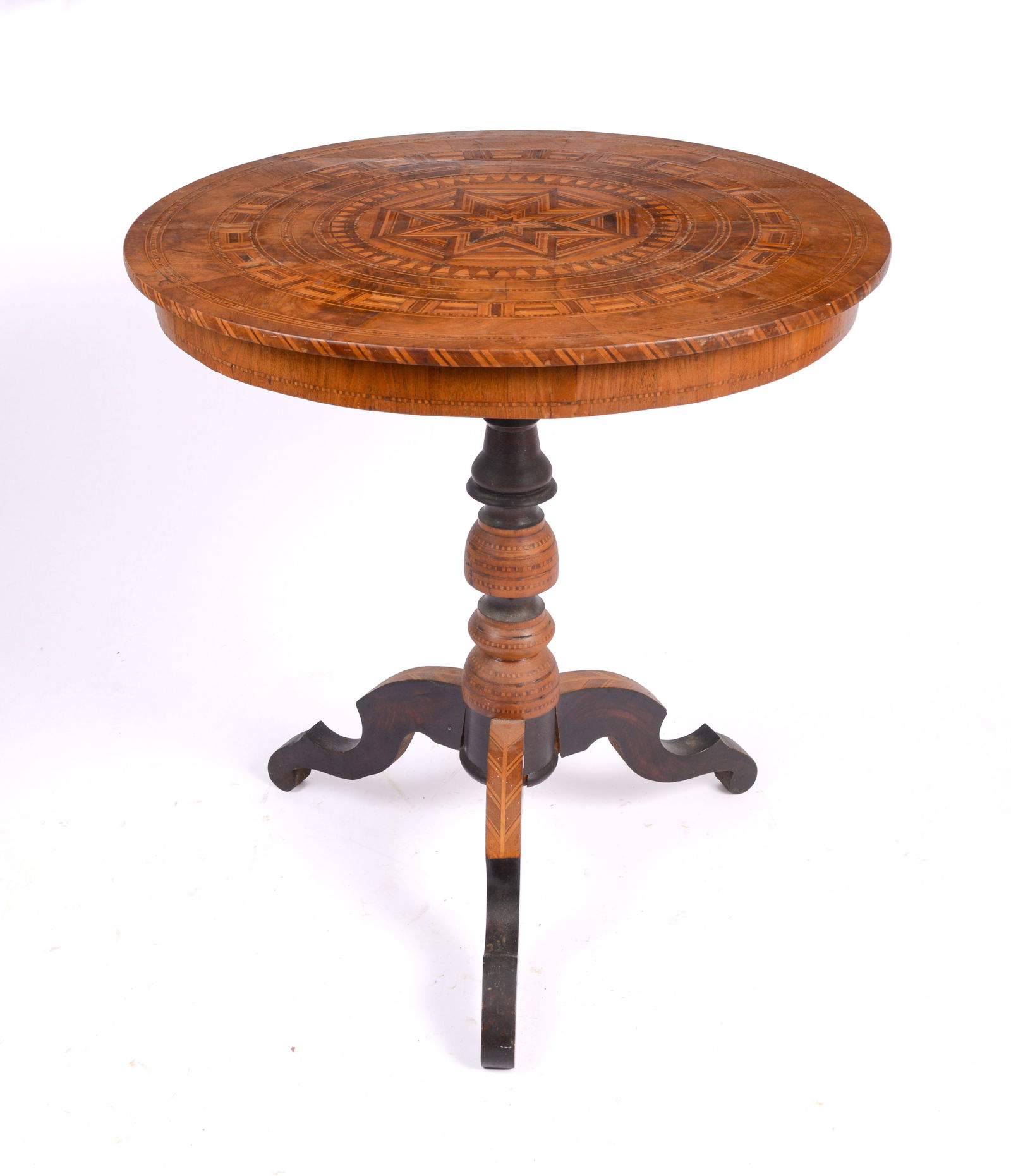 ANGLO-INDIAN INLAID TEA TABLE.: Height 29 inches, diameter of top 27.5 inches. Some separation at legs.