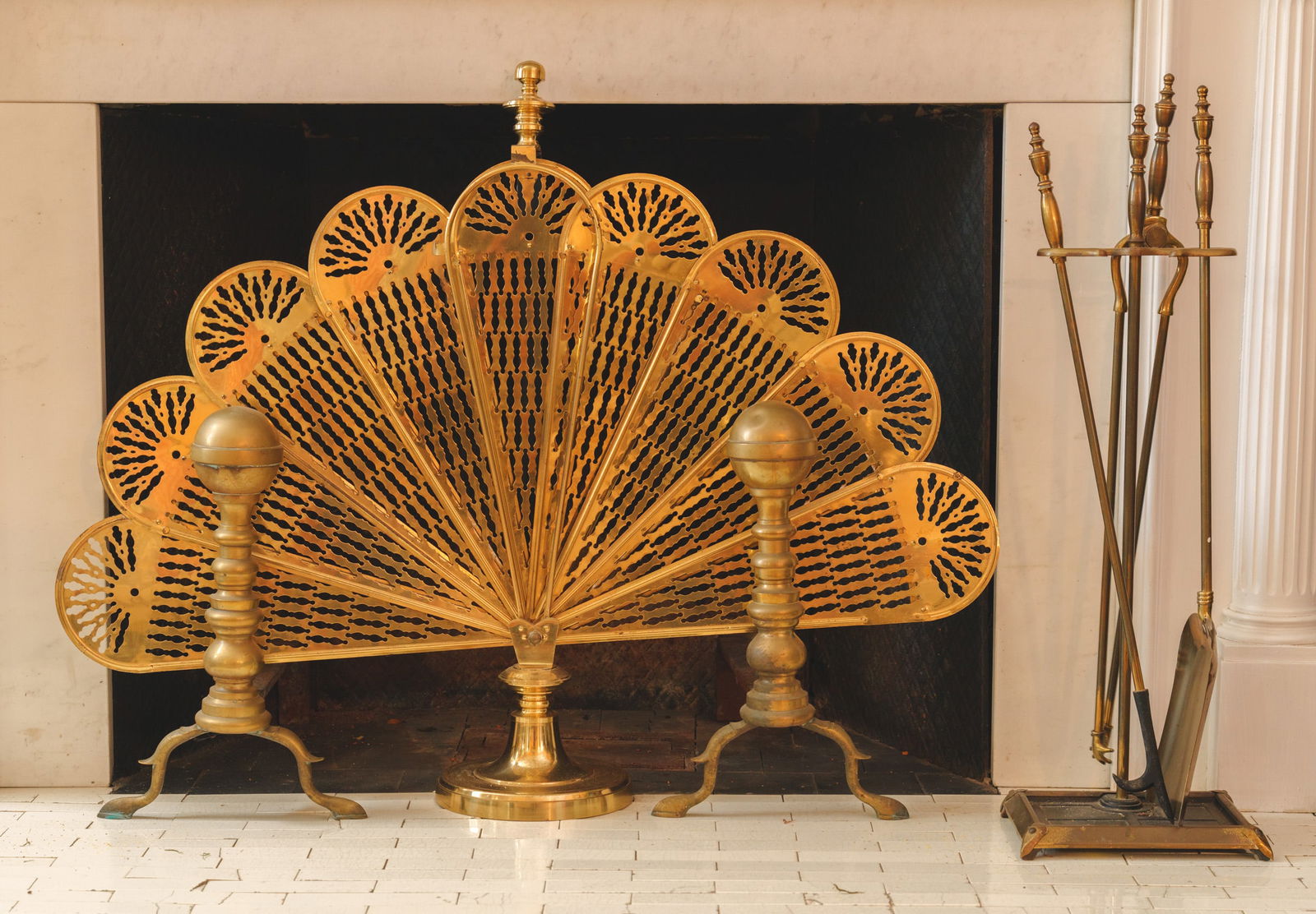 Brass Fire Screen, Pair of Ball Top Andirons, and Fire Tools. (1 of 4)