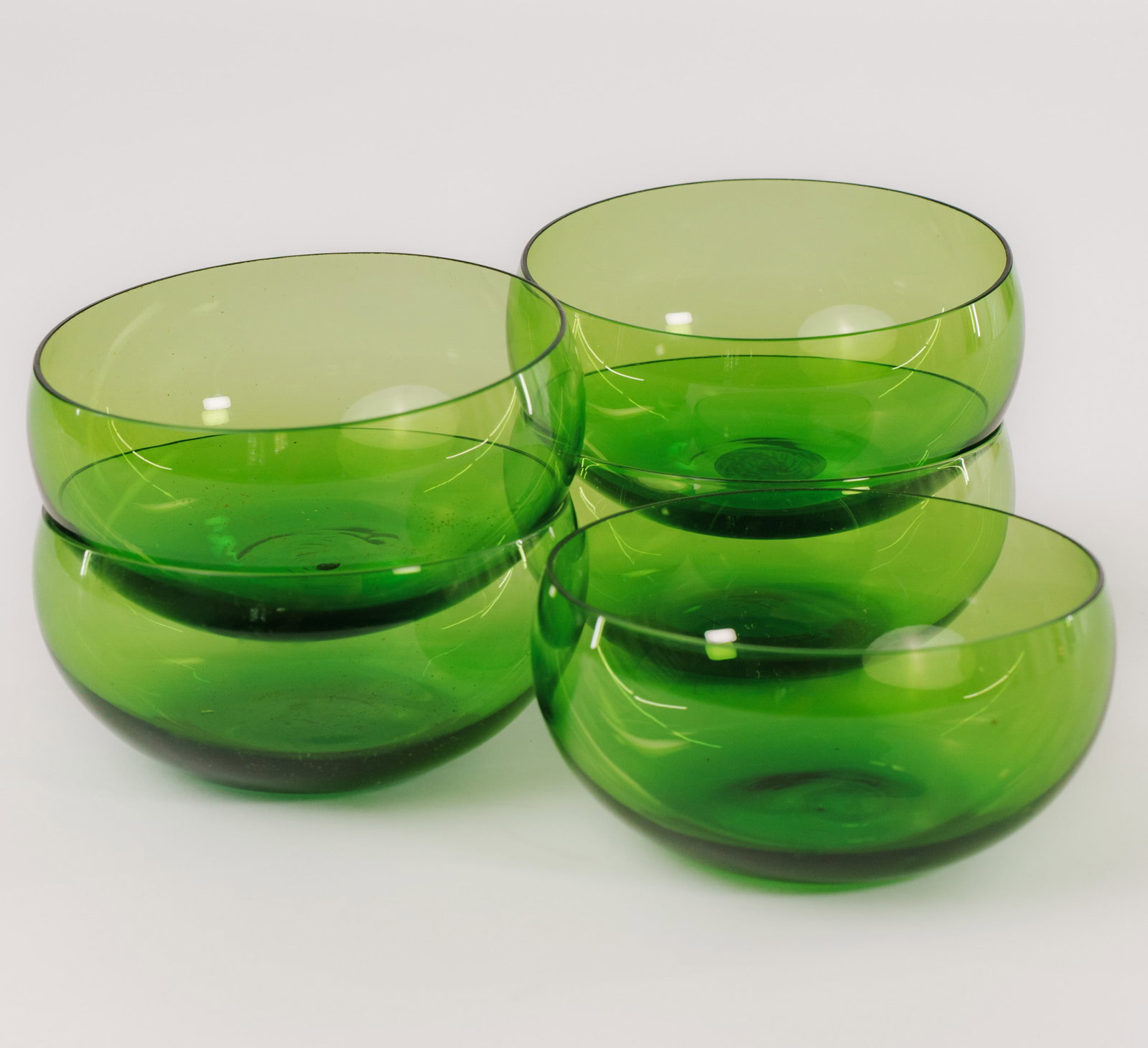 Five Green Blown Glass Bowls.: Diameter 4.25 inches. Good condition.