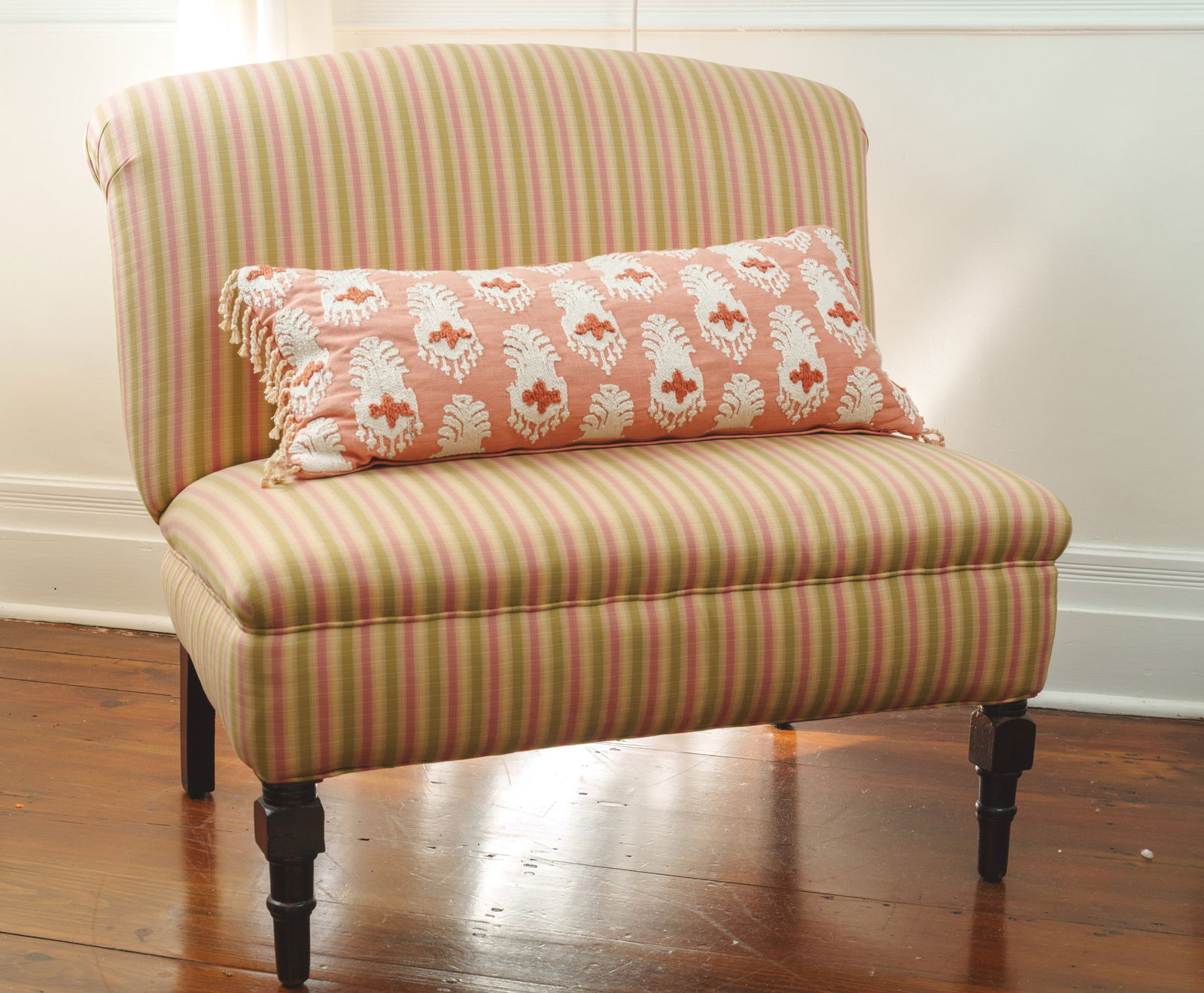 Upholstered Loveseat with Striped Fabric.: Seat height 17 inches, overall height 33 inches, length 36 inches. Very good condition.