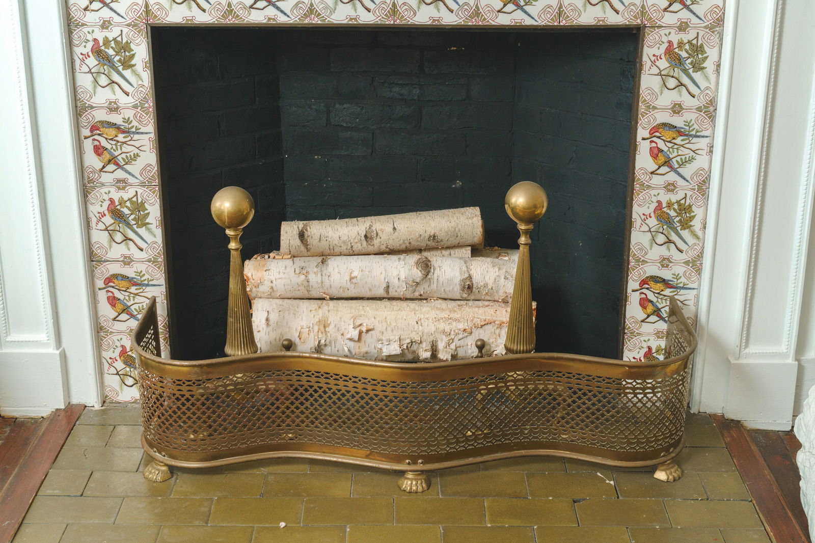 Pair of Brass Andirons and a Fender. (1 of 2)