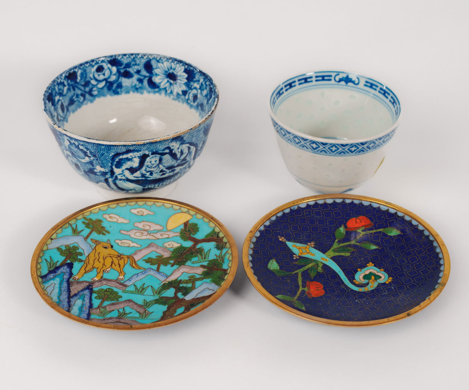 Two Chinese Tea Cups and Two Enamel Dishes.: Teacup Diameters 3.5 and 3 inches. Good condition.