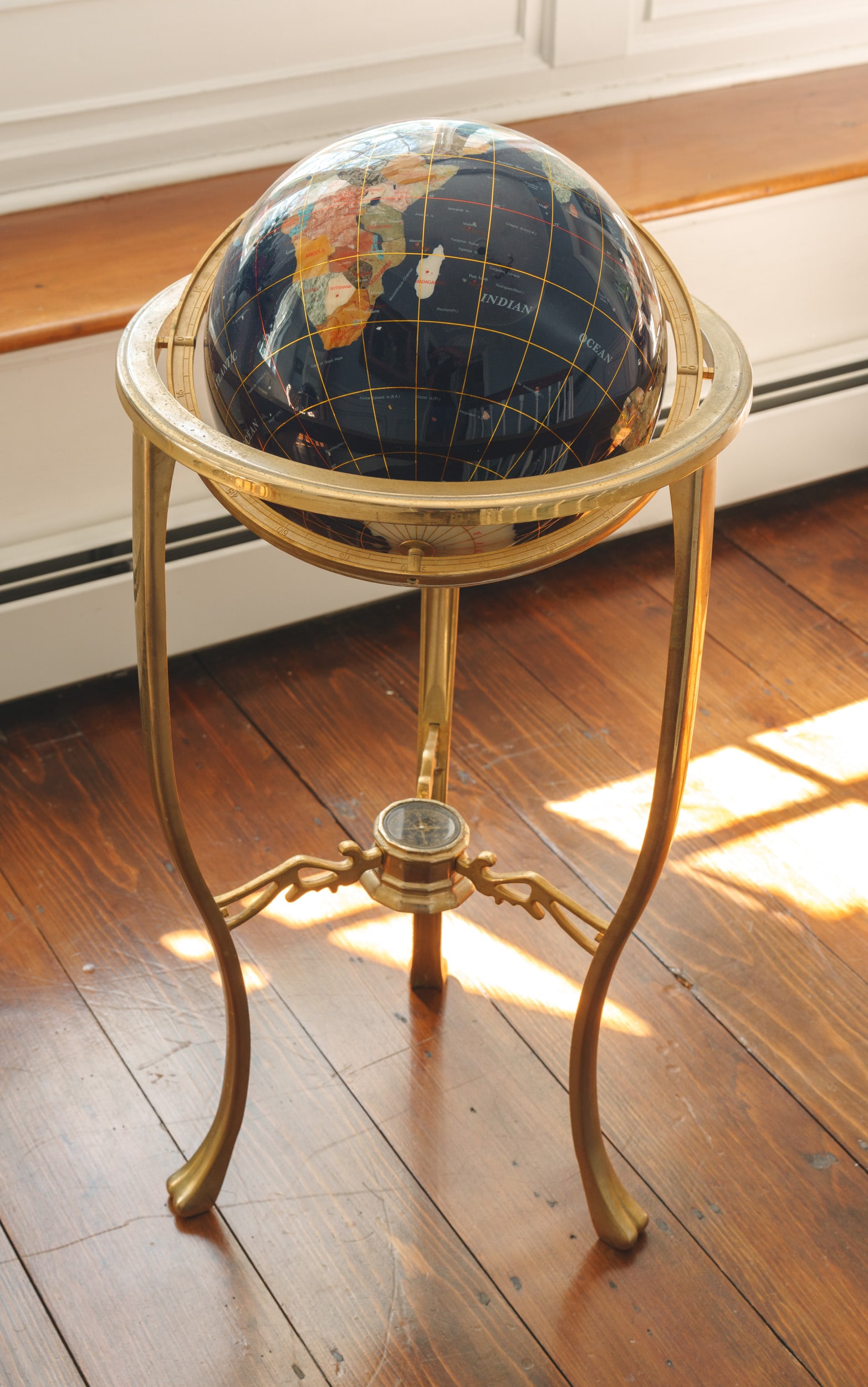 Globe on Stand with Semi-Precious Stones.: Height 40 inches. Some minor pitting to brass.