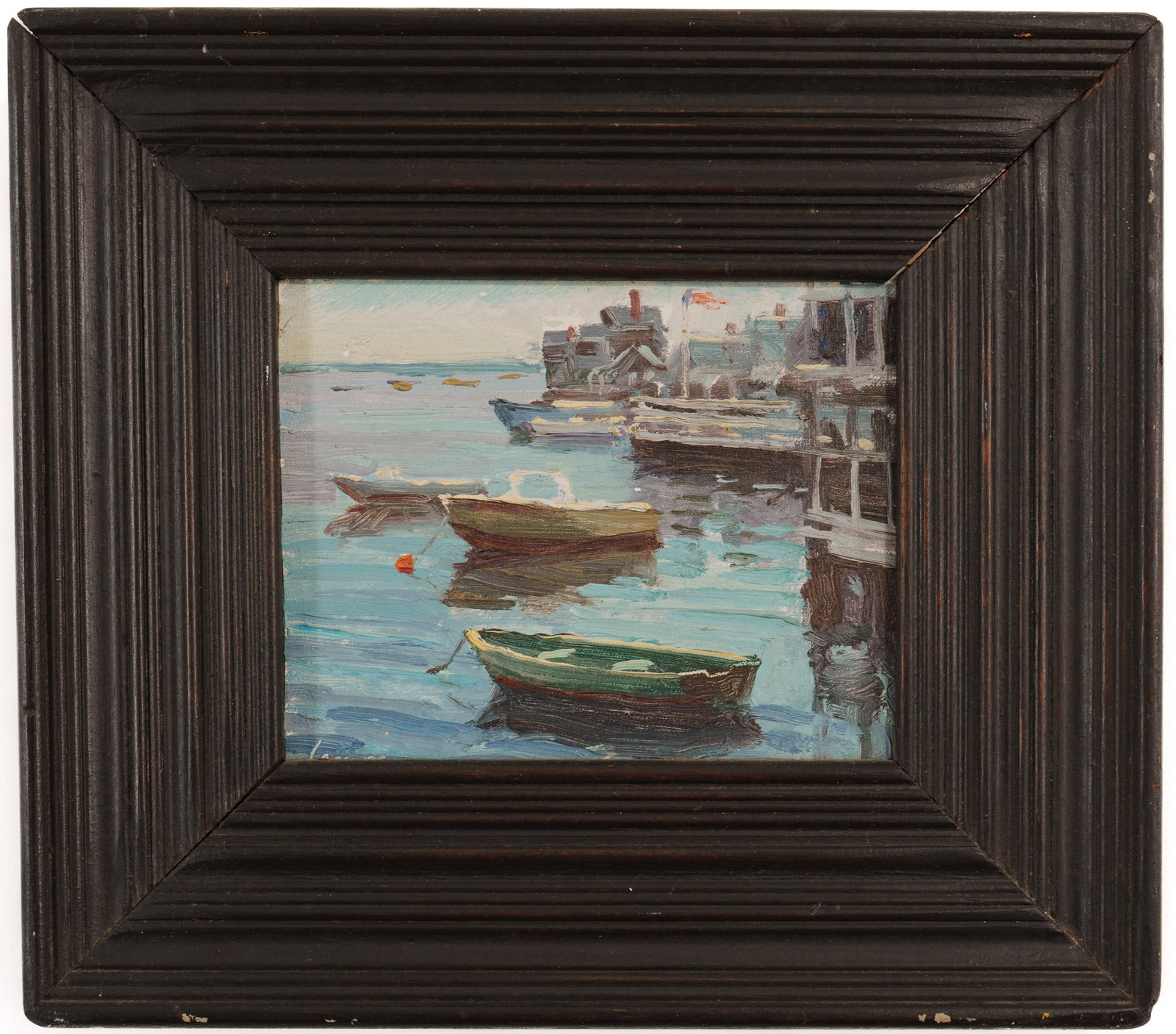 Kurt Lerner. Backlit Wharf.: Framed oil on board, 5 x 6 inches. Frame 9.25 x 10.5 inches.