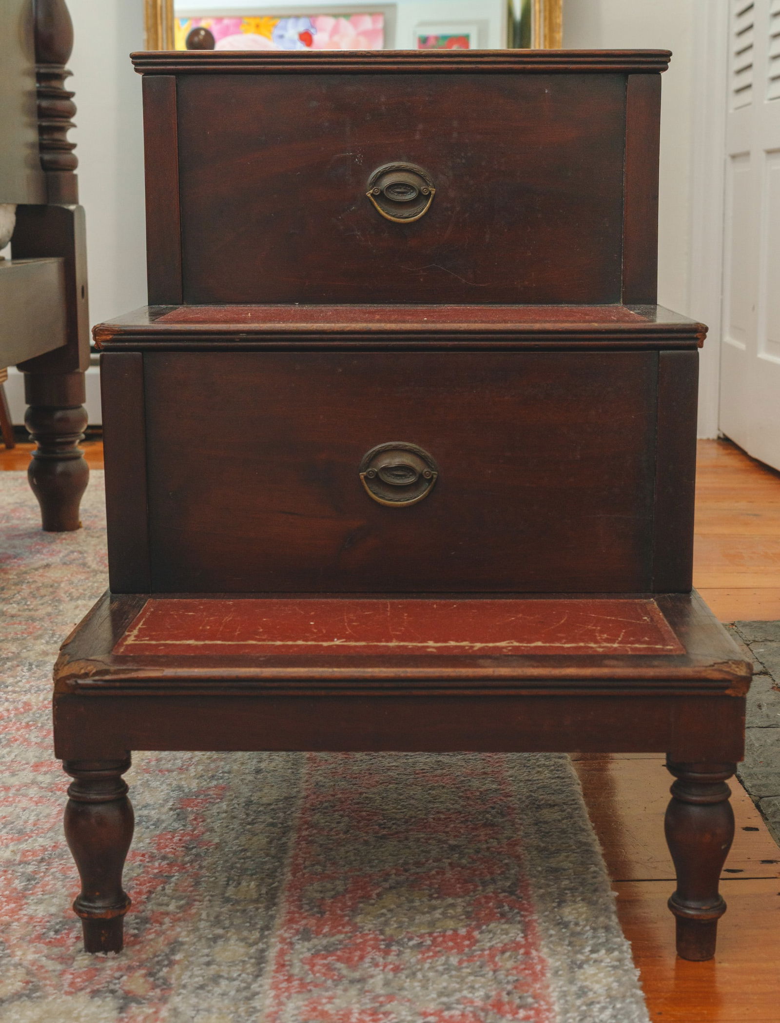 Wood and Leather Bed Stairs.: Height 25 inches, width 18.5 inches, depth 26 inches. Scuffs to leather, some losses on bottom step.