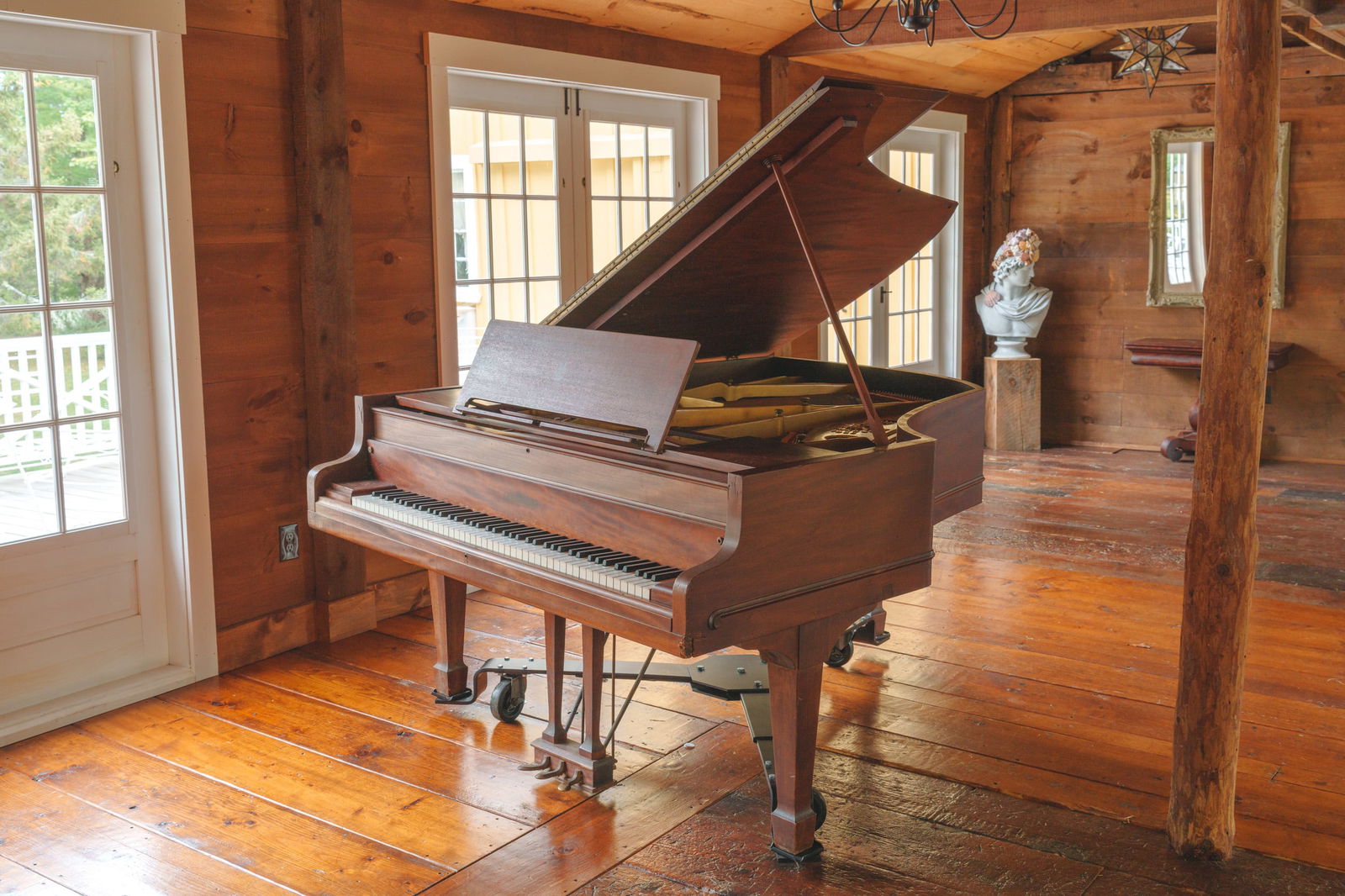 Chickering Baby Grand Piano.: Length 6 feet, width 5 feet 3 inches, height 39.5 inches. Appears to be in good working order, some scratches to case. Includes rolling casters. Professional moving help required, we can refer a piano