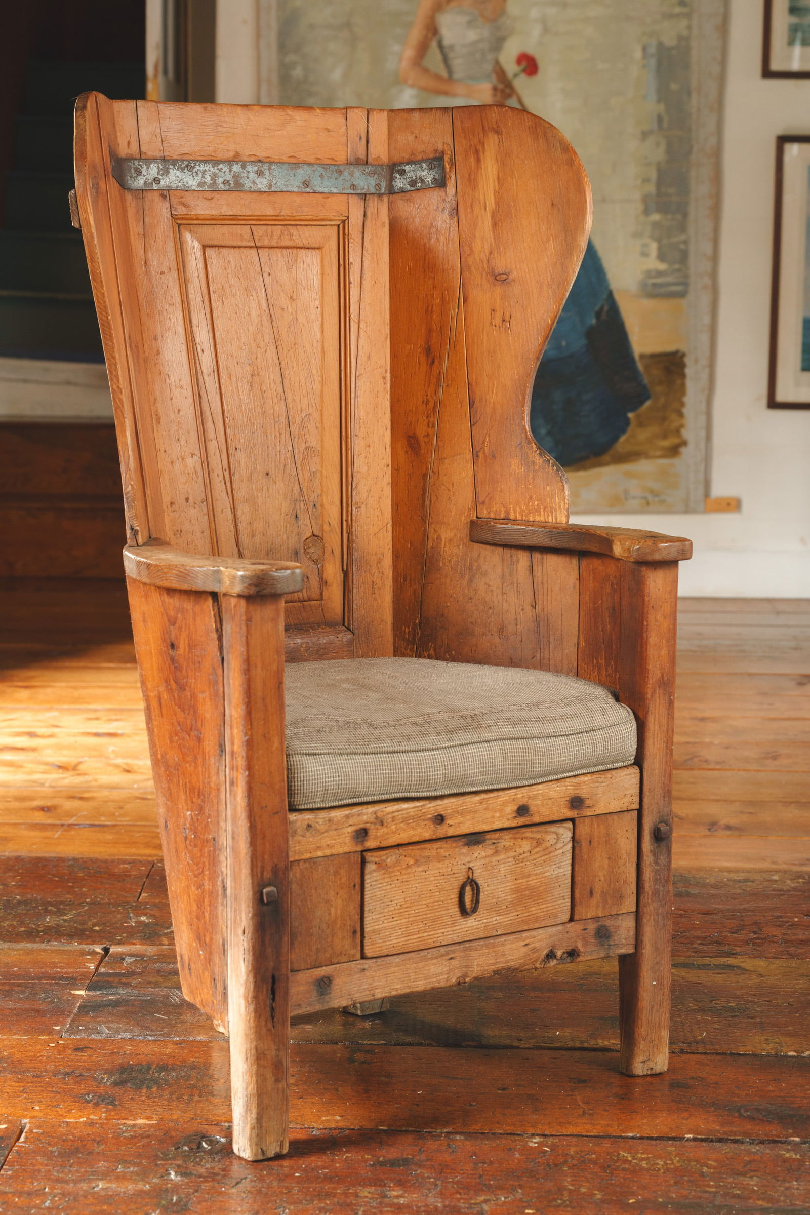 Pine Barrel Chair.: Seat height 18 inches, overall height 48 inches, width 28 inches.
