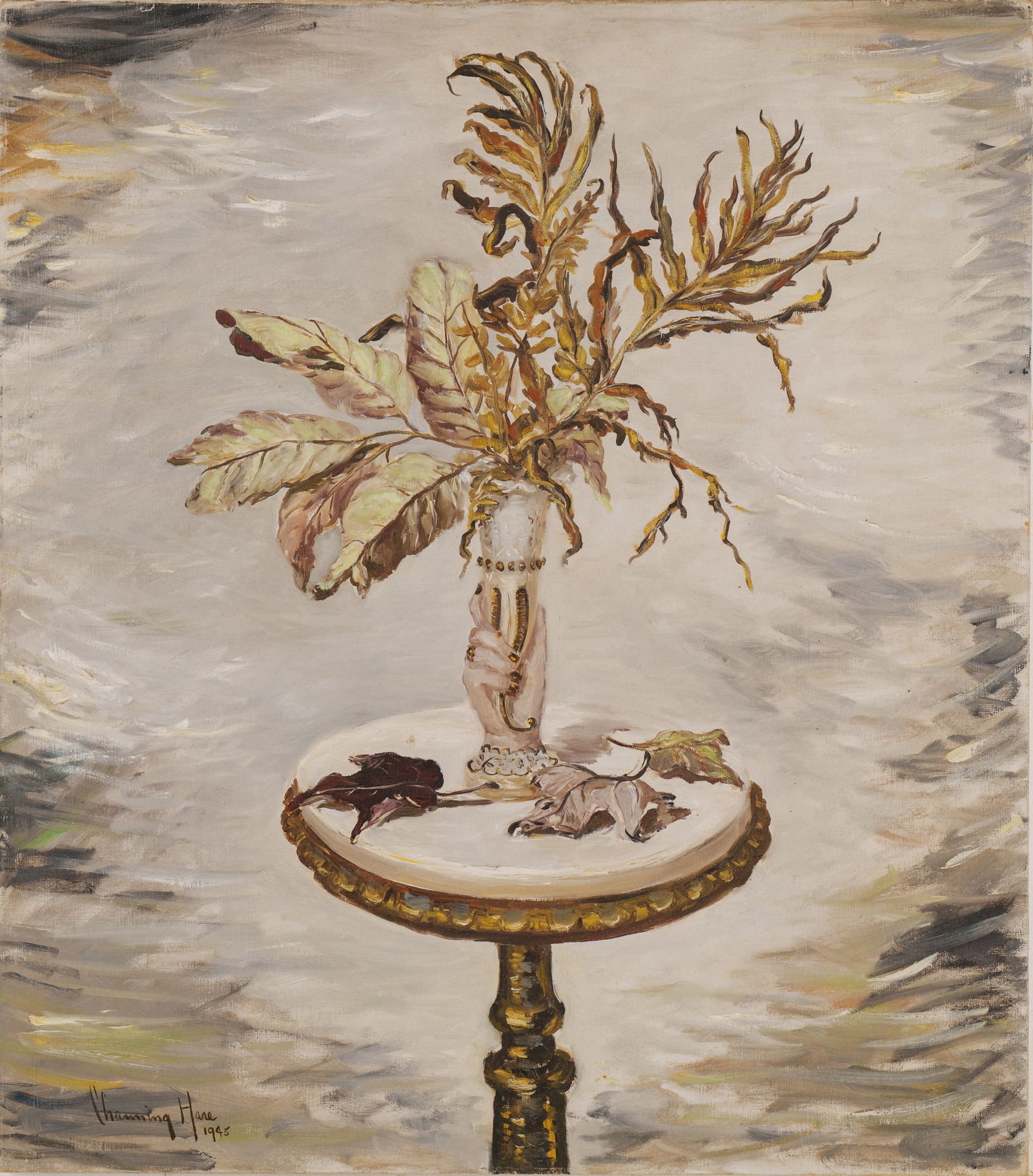 Channing Weir Hare (1899 - 1976). Still Life With Vase of Greens. (1 of 3)