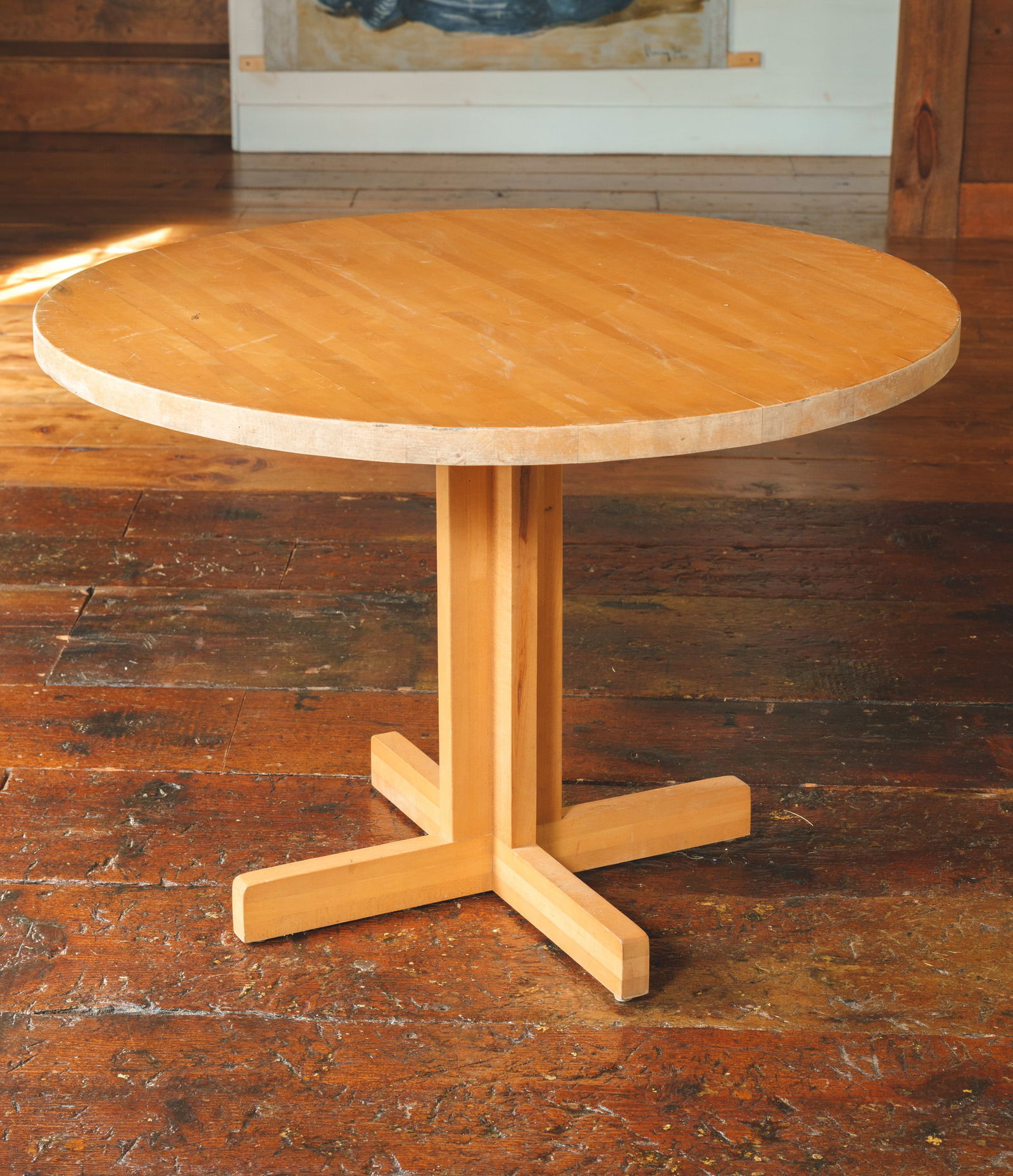 Round Maple Table.: Height 30 inches, diameter 45 inches. Surface wear.