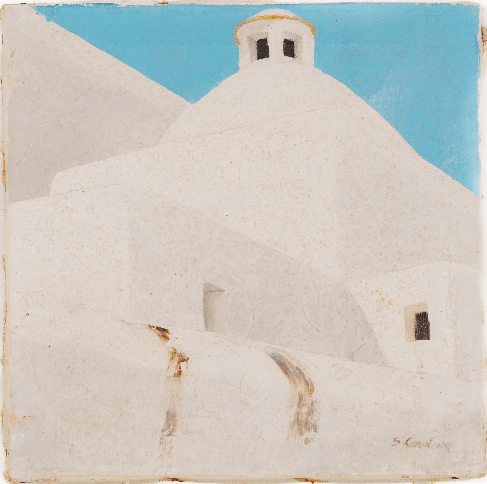 Small Painting of a Spanish Building.: Oil on canvas, 9.5 x 9.5 inches, signed lower right.