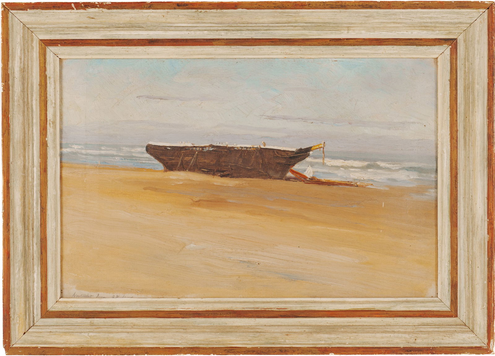 Beached Ship.: Oil on canvas on masonite, 10 x 15.5 inches, signed lower left. Framed, 13.5 x 19 inches.
