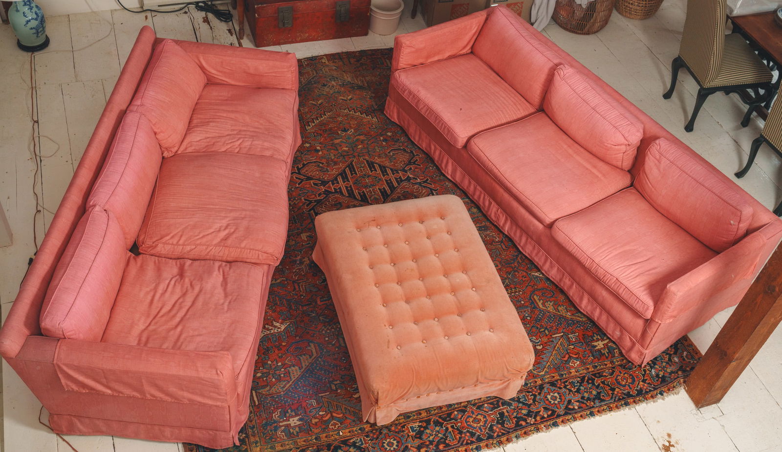Two Pink Upholstered Sofas and an Ottoman. (1 of 7)