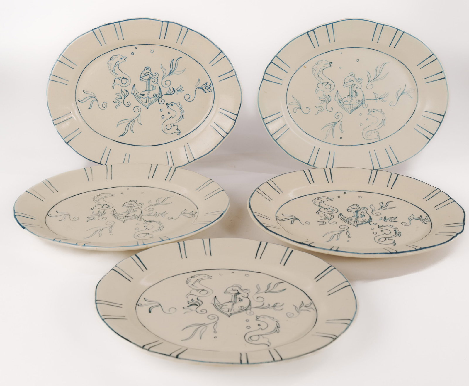 Stephen Hopkins Hensel. Five Platters With Fish and Anchors.: 15 x 12 inches. One with small chip.