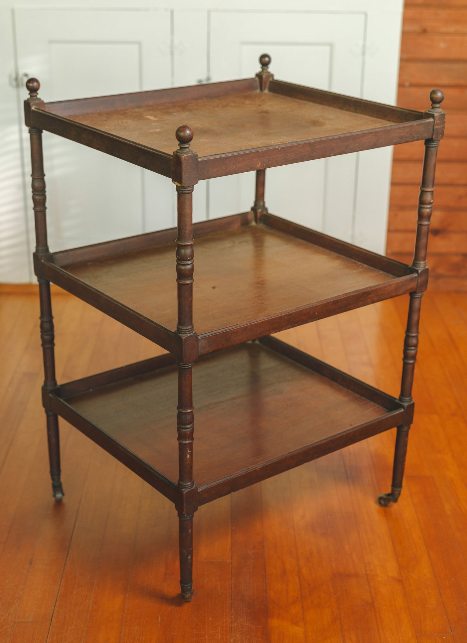 Three Tiered Rolling Cart.: Height 31 inches, width 20 inches, depth 18 inches. Some surface scratches.