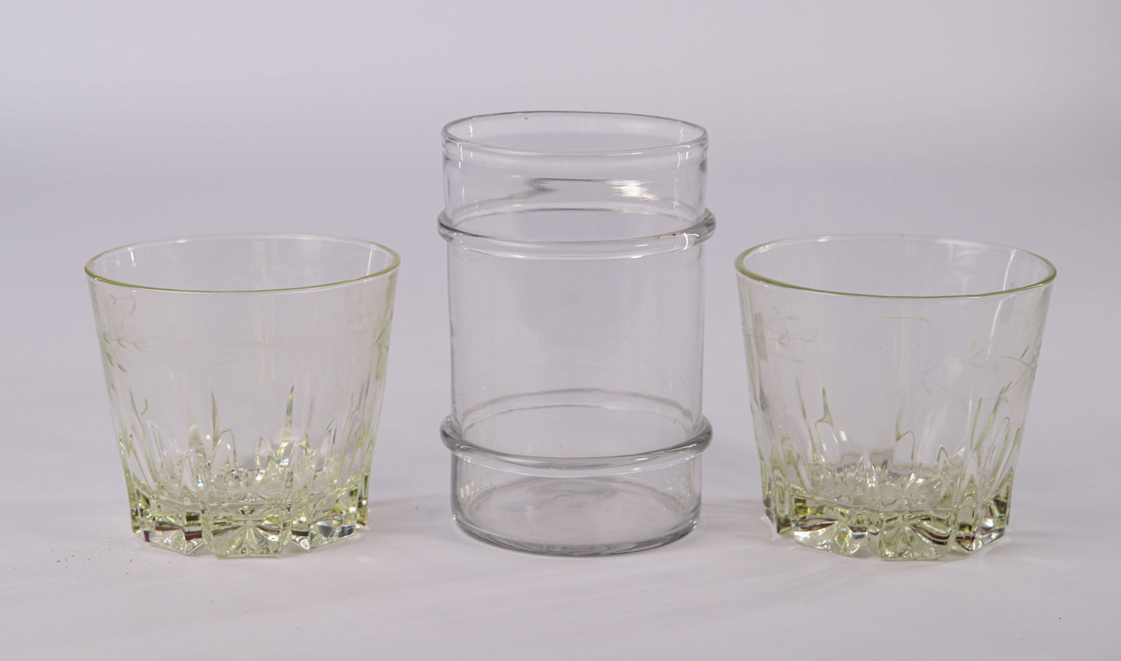 Pair of Etched Cut Glass Ice Buckets and Blown Glass Example.: Height of pair 5.5 inches, blown glass 8.5 inches.