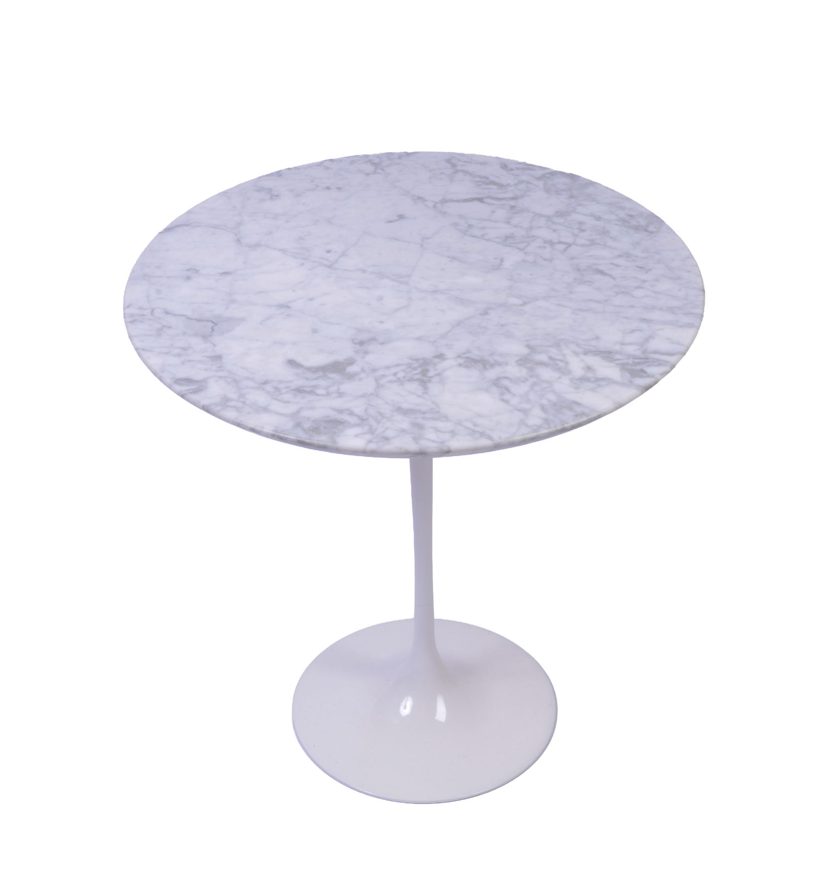 EERO SAARINEN FOR KNOLL TULIP SIDE TABLE.: Beveled marble top, c. 1980, unmarked. Height 20 inches, diameter 20 inches.