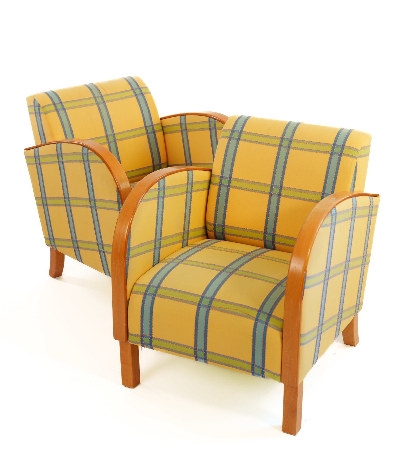 PAIR OF MID CENTURY ART DECO STYLE CLUB CHAIRS.: Seat height 14 inches, overall height 27 inches, depth 24 inches.