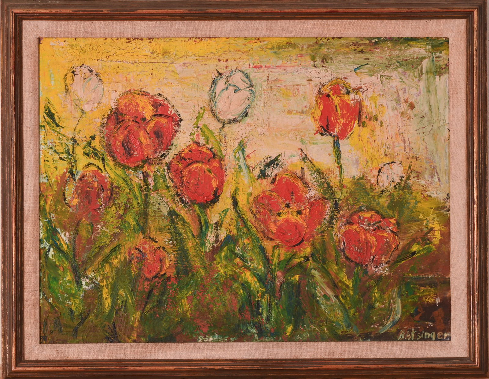 MID CENTURY MODERN PAINTING WITH POPPIES.: Signed Betsinger. Oil on canvas, framed, 21 x 27 inches.