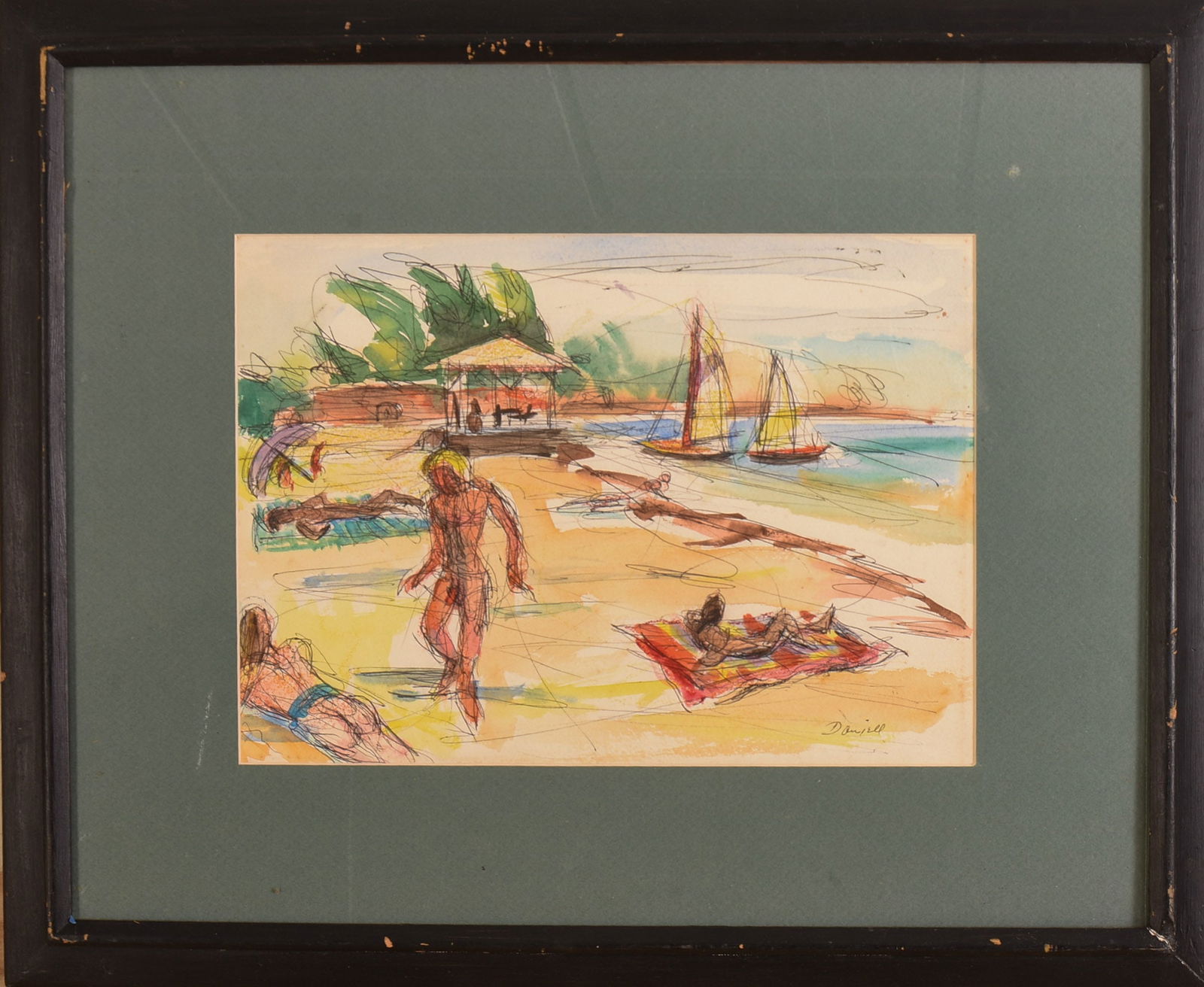 GEORGE DANIELL (1911 - 2002). KEY WEST BEACH, 1968.: Watercolor, pen and ink, on cream wove paper, 10.25 x 14.25 inches, sight, signed lower right. Signed, titled and dated in pencil on verso. Framed, 19 x 23.5 inches.