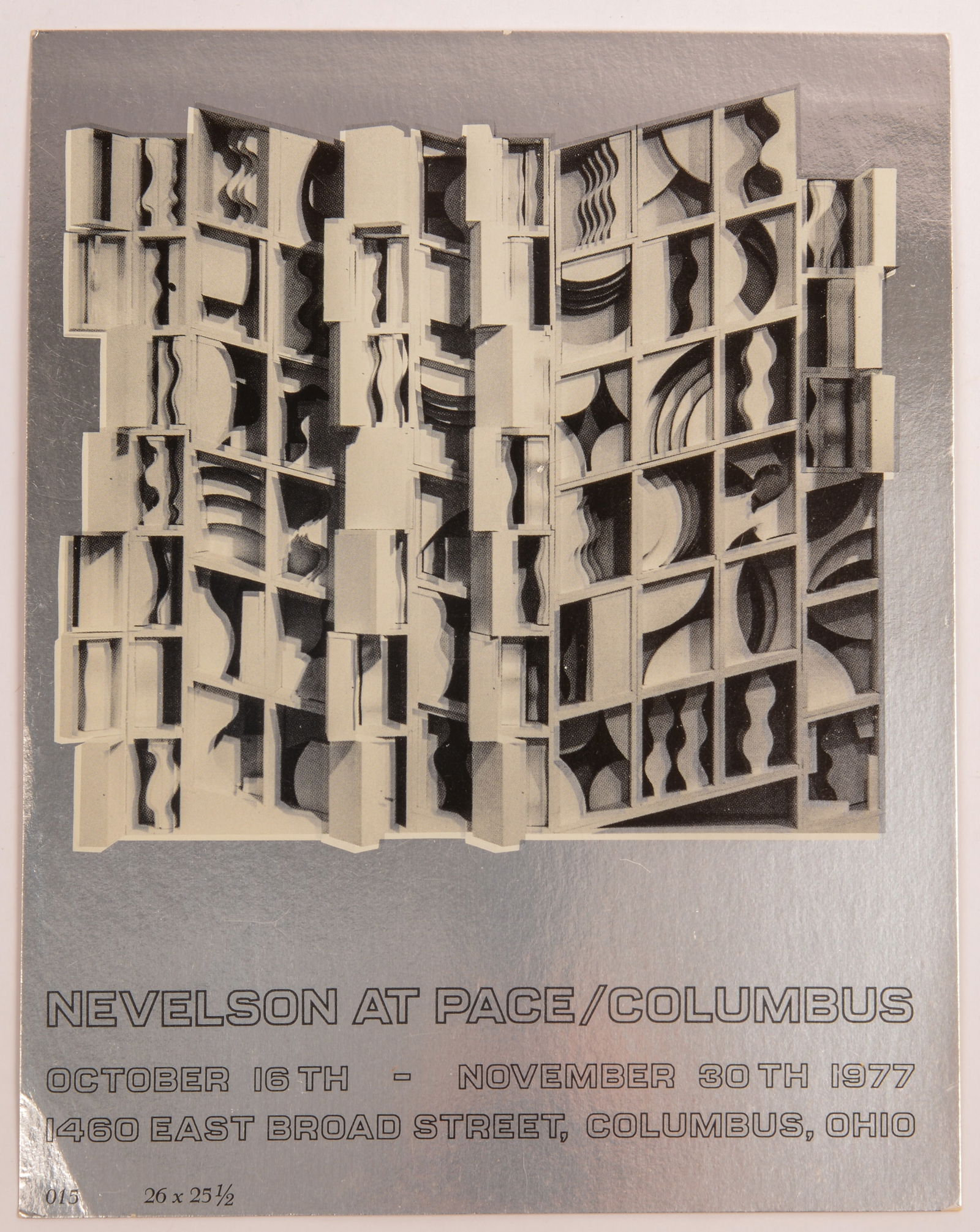 LOUISE NEVELSON SILVER FOIL GALLERY AT PACE INVITATION.: 1977, 7.5 x 5.75 inches.