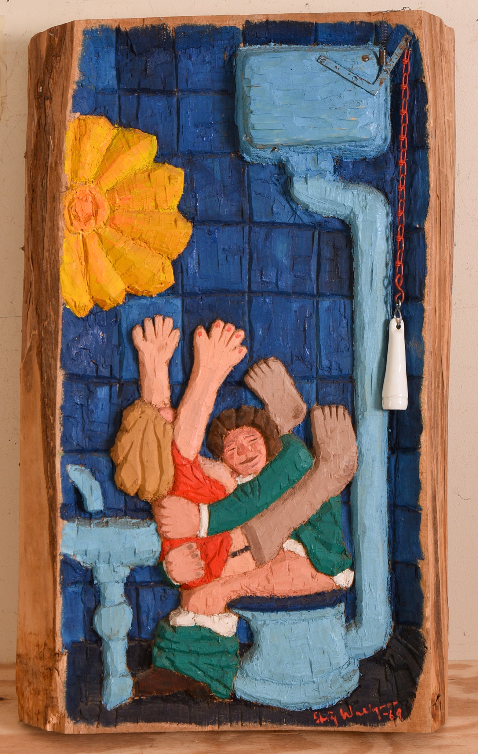 STIG WALLGREN (SWEDEN, 20TH CENTURY). IN THE BATHROOM.: Carved and painted wood, 32 x 20 inches. PROVENANCE: Museum of Erotic Art, San Francisco. Ex Kronhausen Collection of Erotic Art.