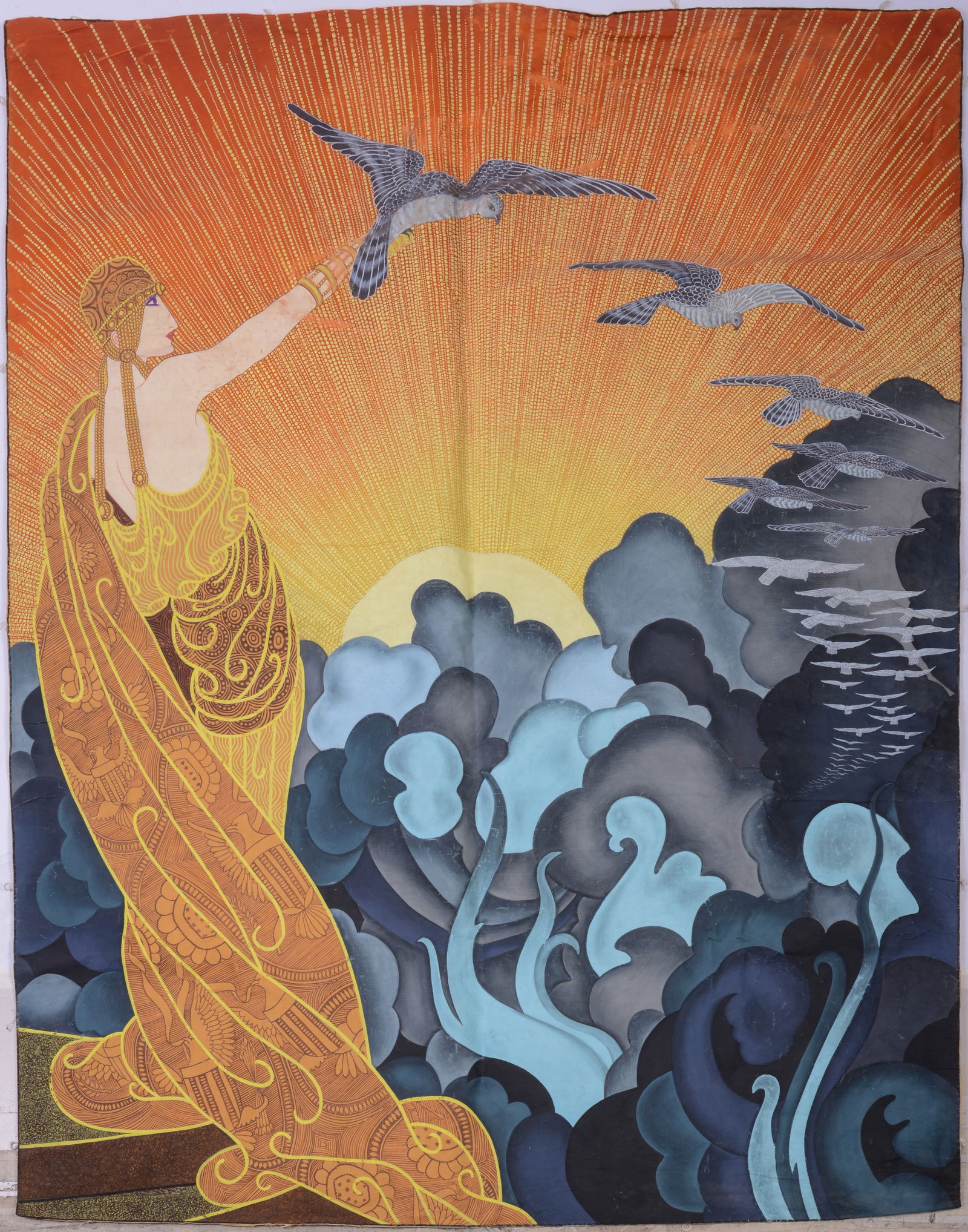 LARGE PAINTED ART DECO STYLE FABRIC PANEL.: After Erte (Romain de Tirtoff) (New York, Russia, France 1892-1990), hand painted with Erte’s cover illustration for Harper’s Bazaar in March 1919 titled The Seven Seas or Wings of Victory, unsign