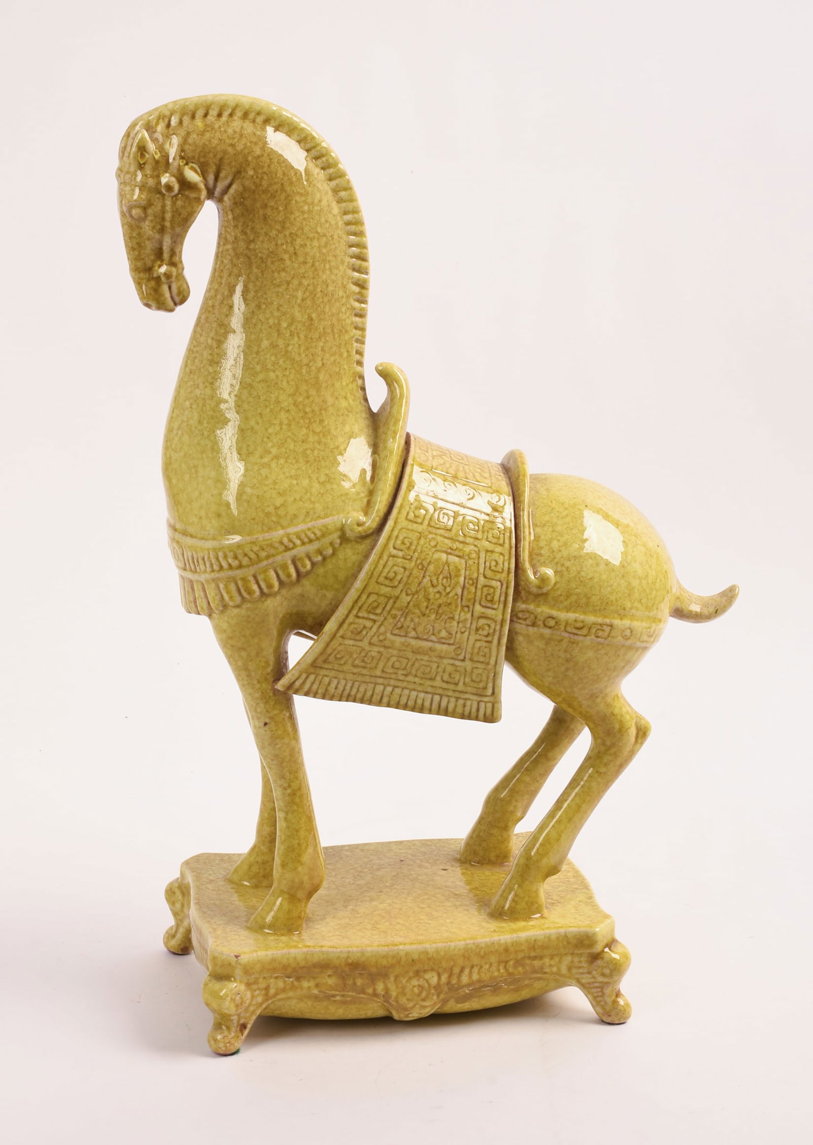 LARGE MID CENTURY YELLOW GLAZE ITALIAN POTTERY HORSE: Mark on bottom, height 16.5 inches.