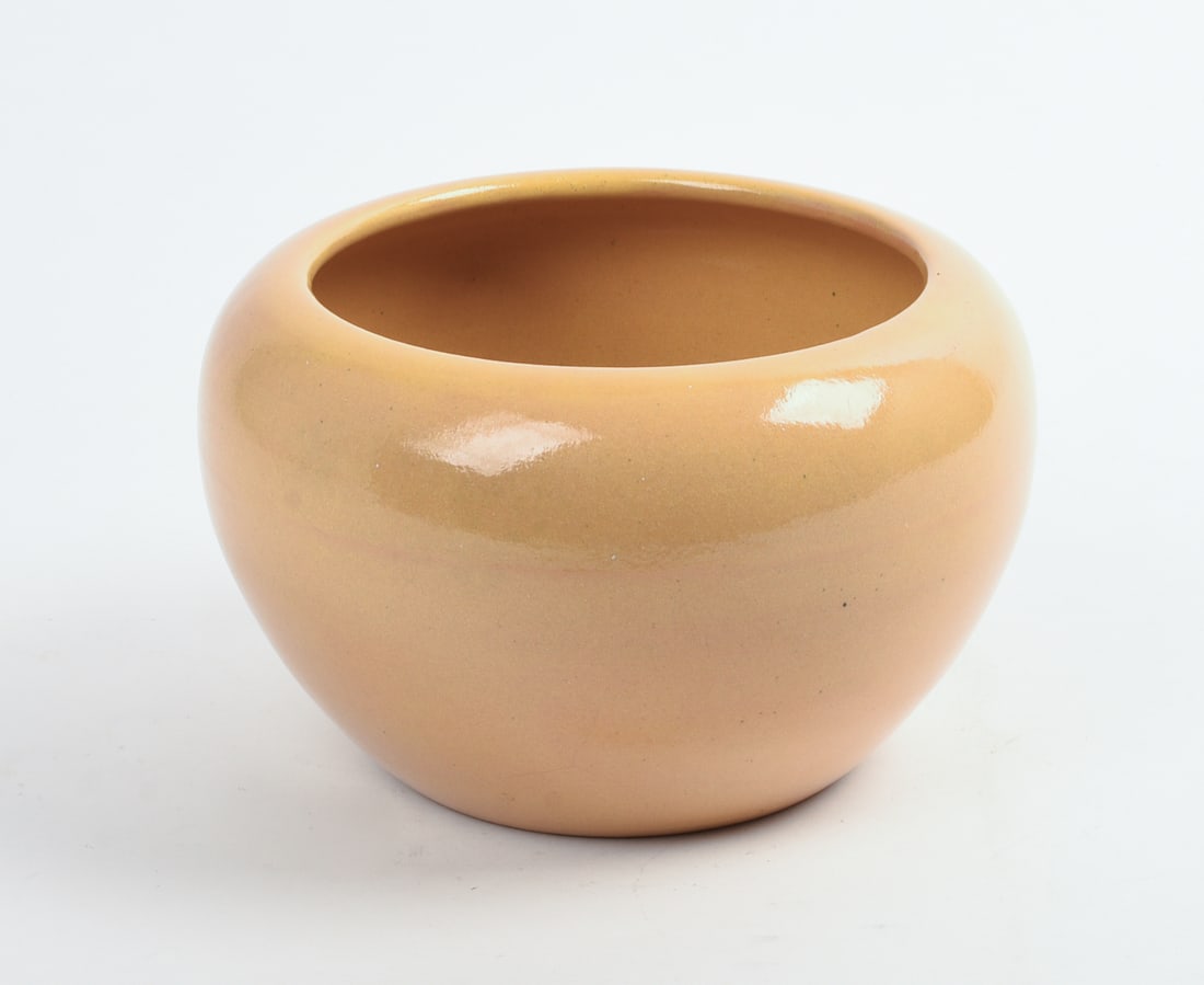 YELLOW SEG POTTERY VASE: Signed and dated on base, height 5 inches, diameter 6.5 inches, good condition.