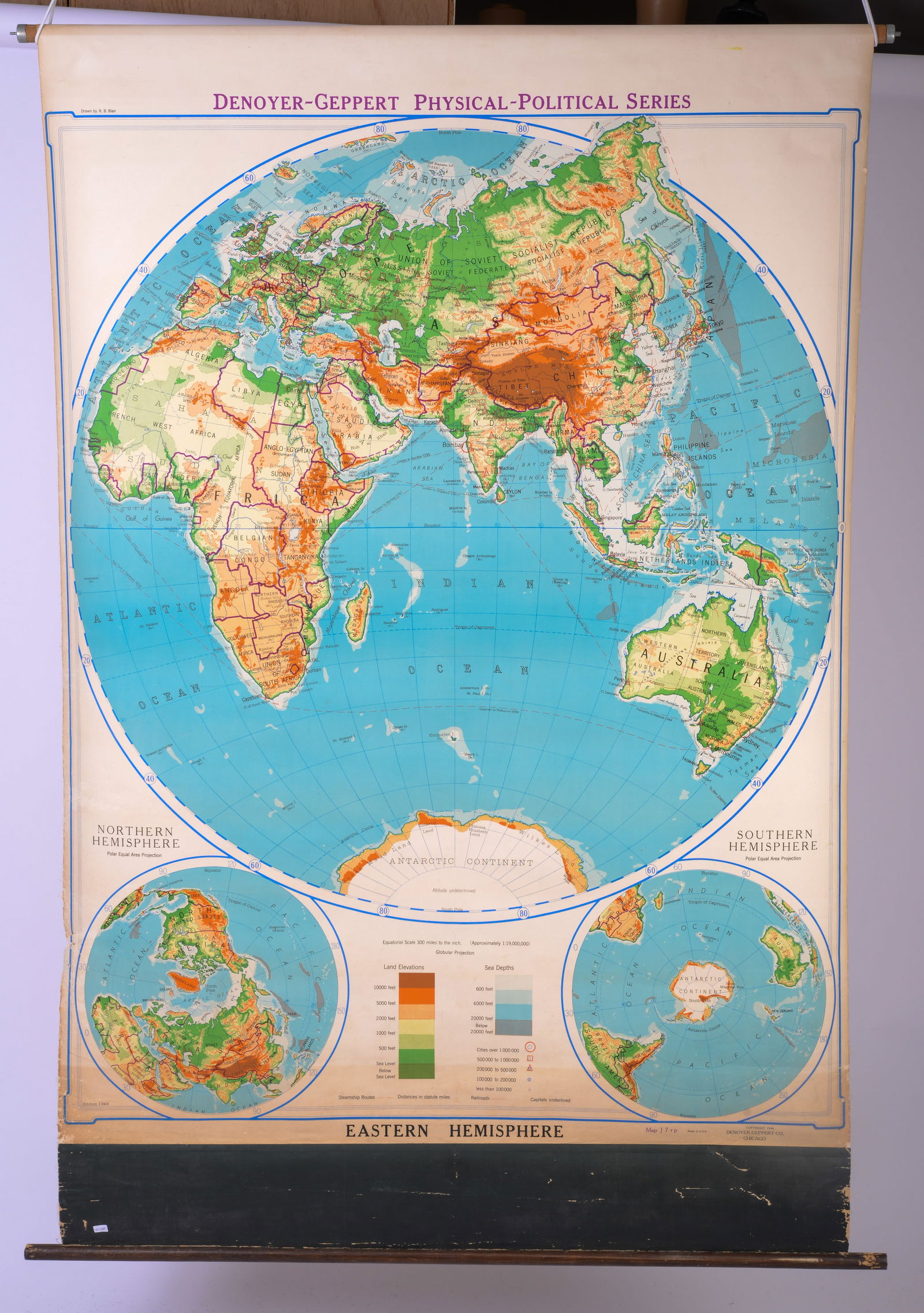 DENOYER GEPPART 1948 SCROLL MAP OF THE EASTERN HEMISPHERE. (1 of 6)