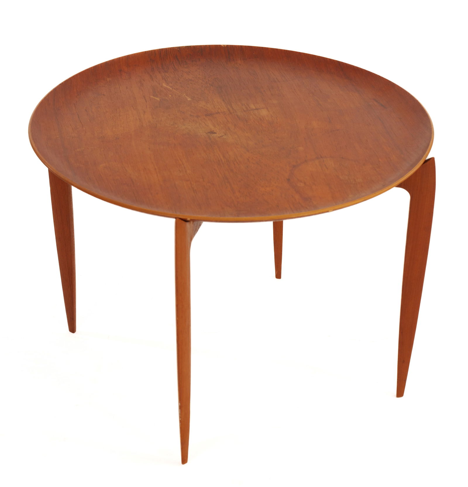 DANSK TEAK TRAY WITH STAND.: Diameter 23 inches, height 16 inches. Some water rings.