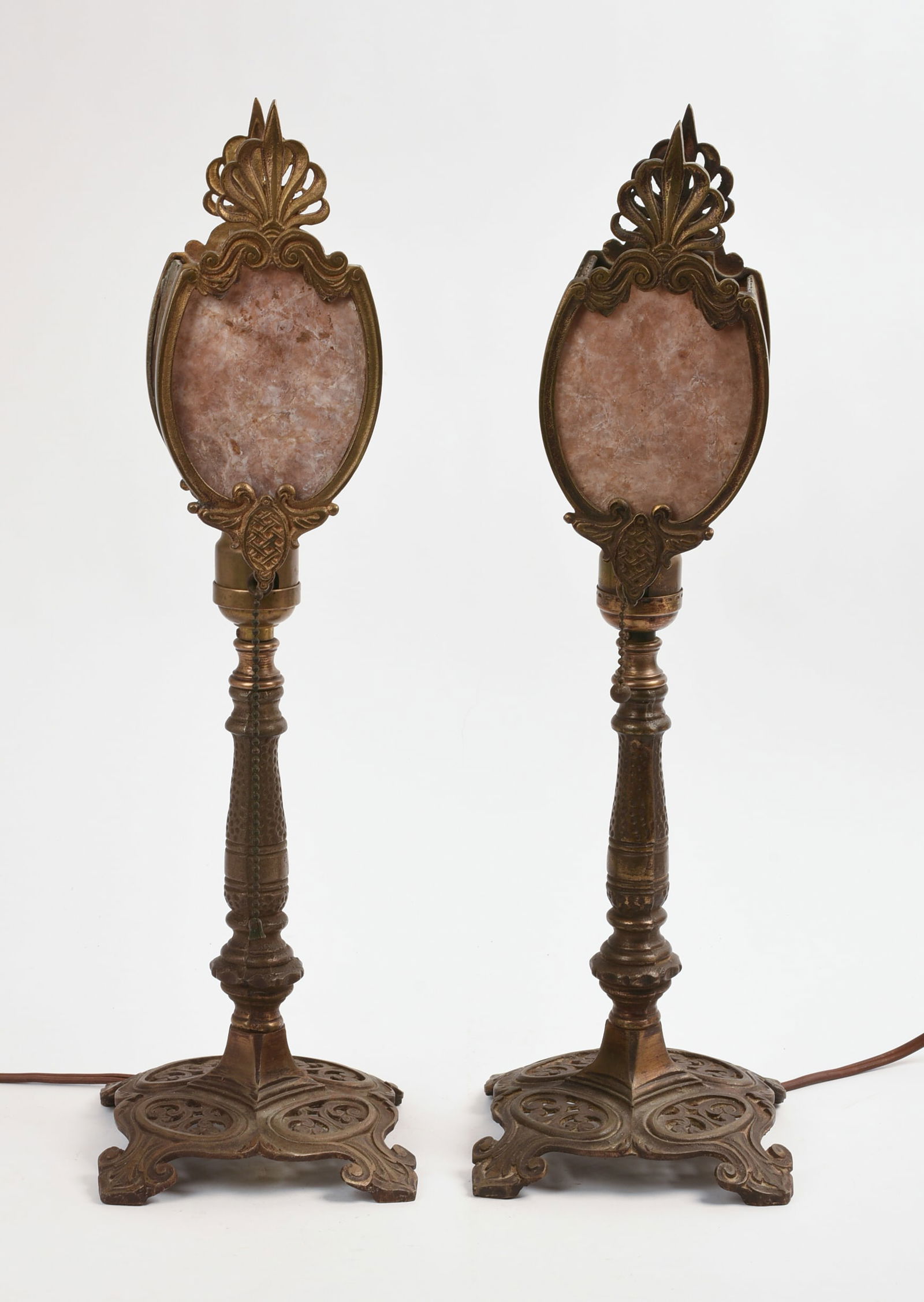 PAIR OF ART NOUVEAU TABLE LAMPS WITH MICA SHADES. (1 of 5)