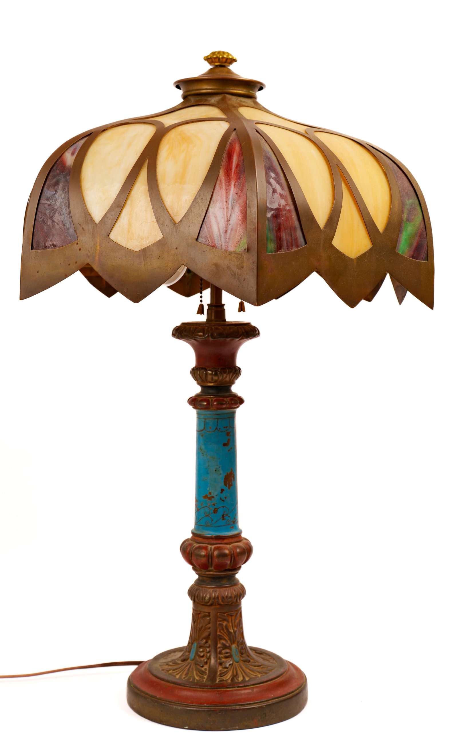 TABLE LAMP WITH SLAG GLASS SHADE.: Height 23 inches. Good condition.
