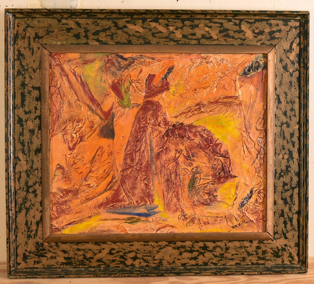 MID CENTURY ABSTRACT PAINTING.: Oil on masonite, 20 x 24 inches. Framed, 29 x 33 inches.