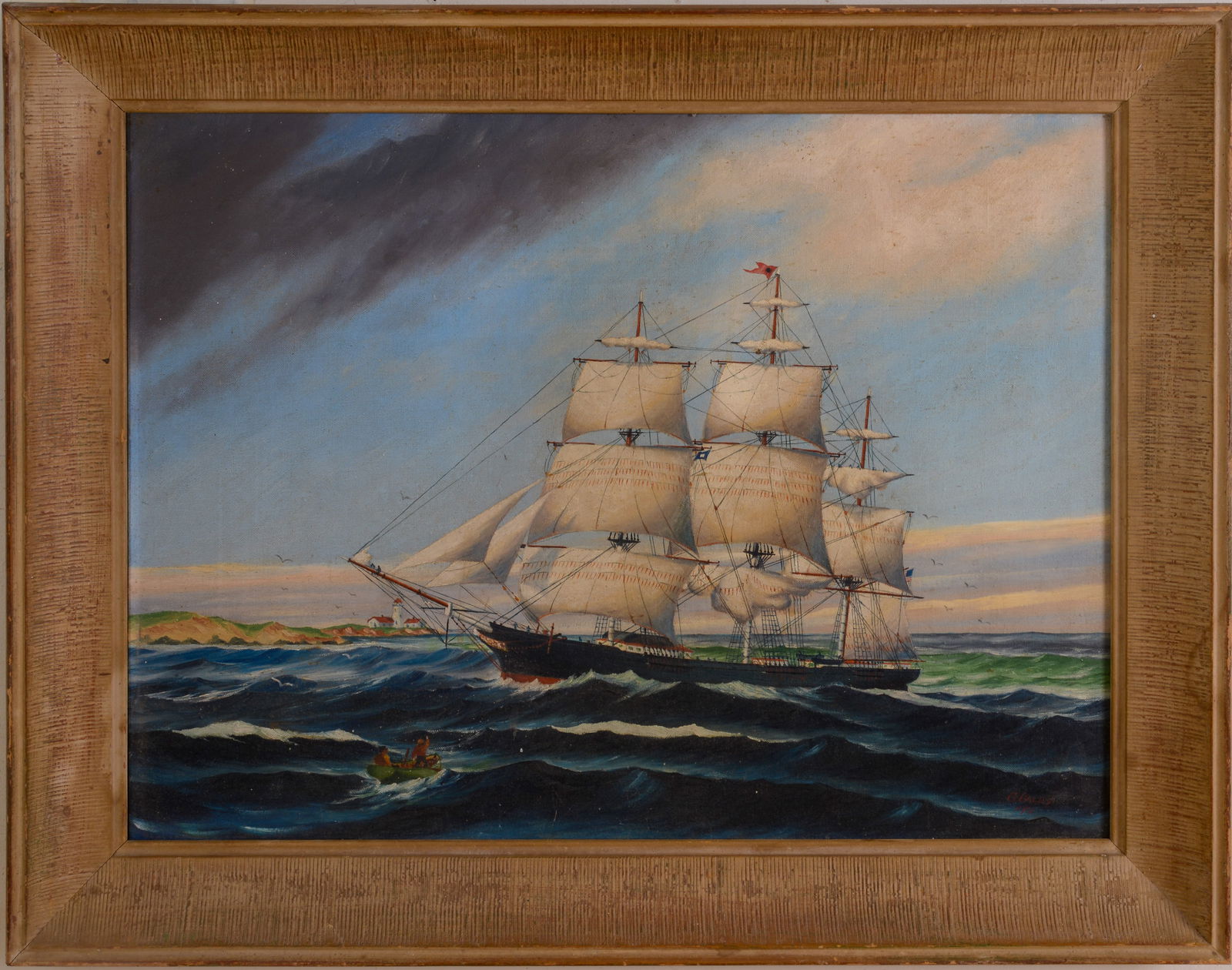 SHIP FLYING AMERICAN FLAG UNDER FULL SAIL: Oil on board, with two men in a rowboat nearby, distant lighthouse. Signed LR G. Daley 1951. 18 x 24 inches. Framed, 22 1/2 x 28 1/2 inches.
