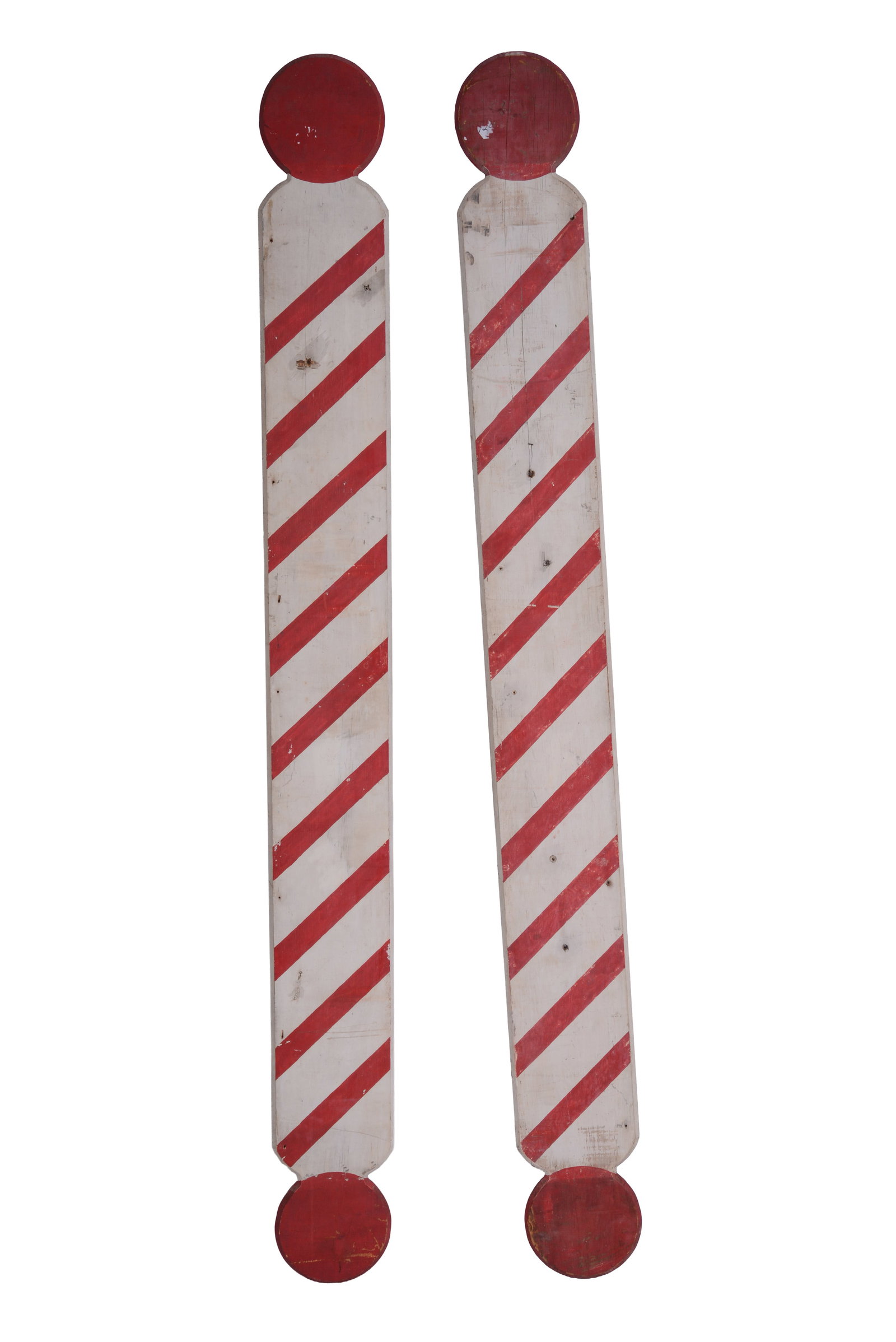 PAIR OF PAINTED BARBER'S POLES.: 7.5 x 72 inches.