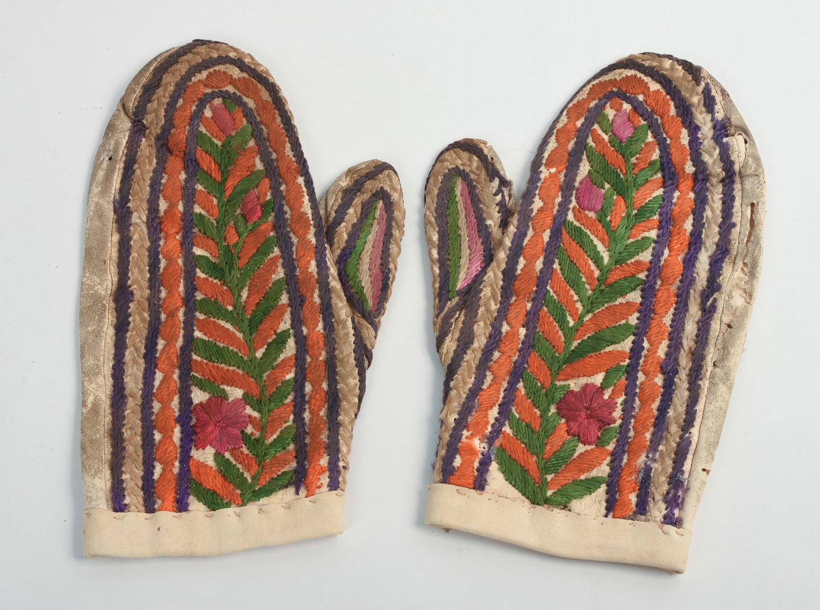 PAIR OF 19TH CENTURY CREWEL WORK MITTENS.: Length 8 inches. Some losses.