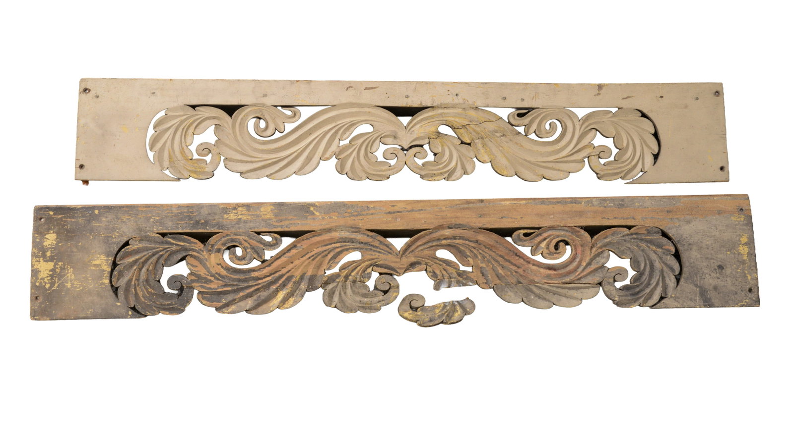 PAIR OF 19TH CENTURY PAINTED VALANCES.: 64.5 x 7.25 inches. Some breaks and repairs.